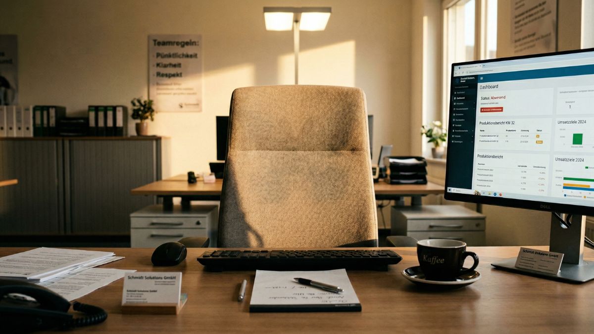 Leerer Bürostuhl am Arbeitsplatz als Symbol für Krankenstand und Fehlzeiten