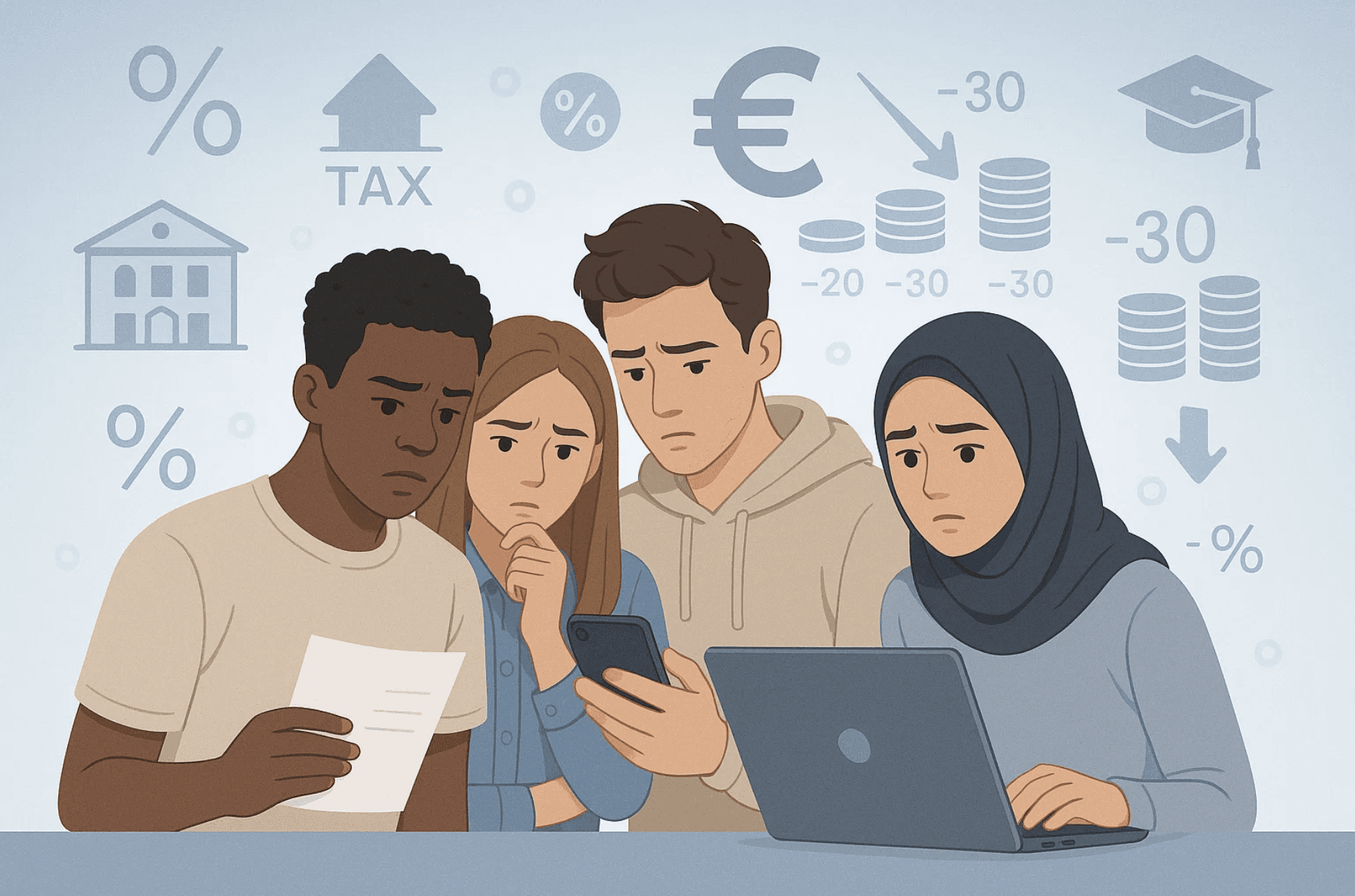 Illustration de quatre apprentis inquiets consultant leur salaire et leurs documents, entourés d’icônes de taxe, pourcentage, euro et baisse de revenus, représentant l’impact de la taxe d’apprentissage 2026 sur la rémunération des étudiants en alternance.