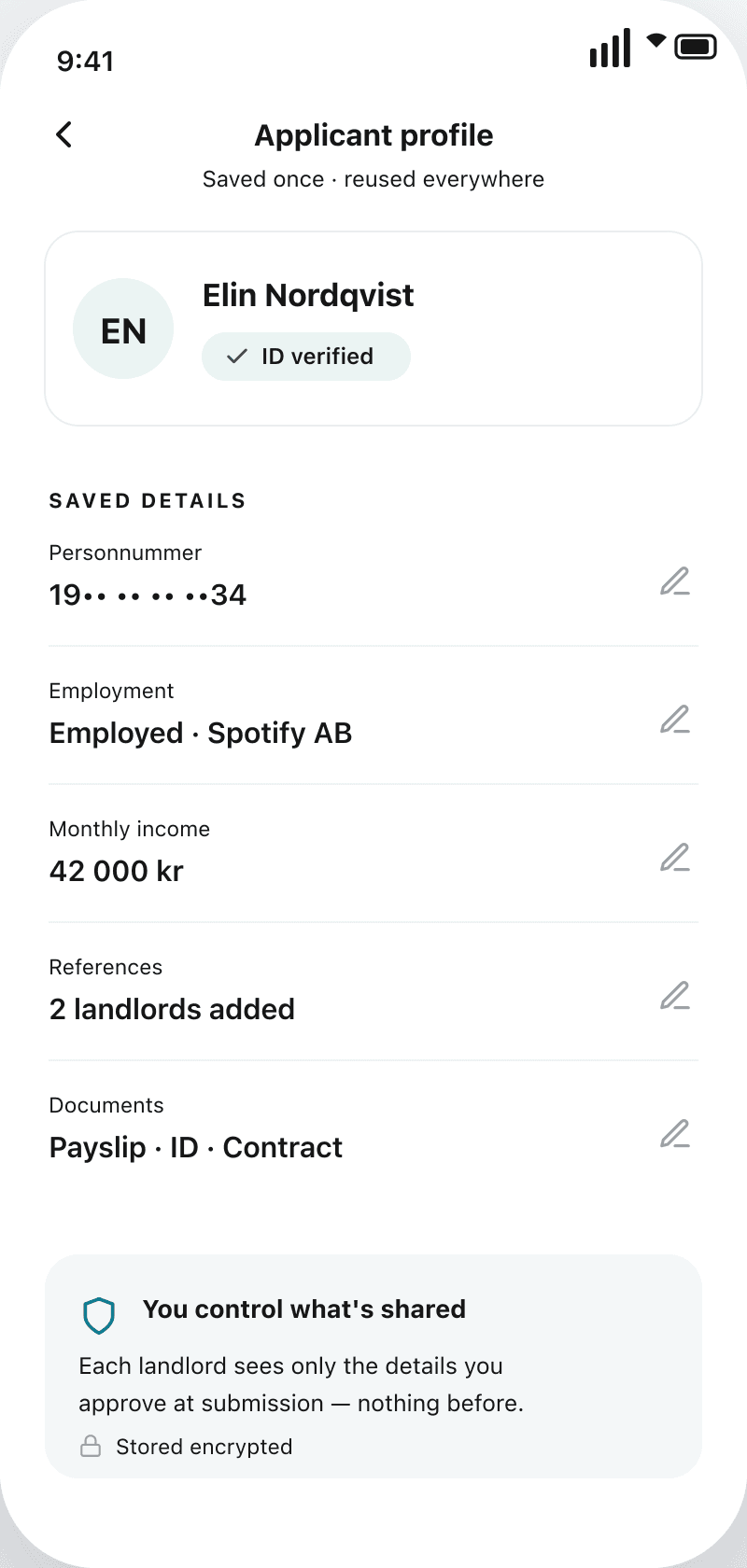 Saved applicant profile, then an auto-filled application