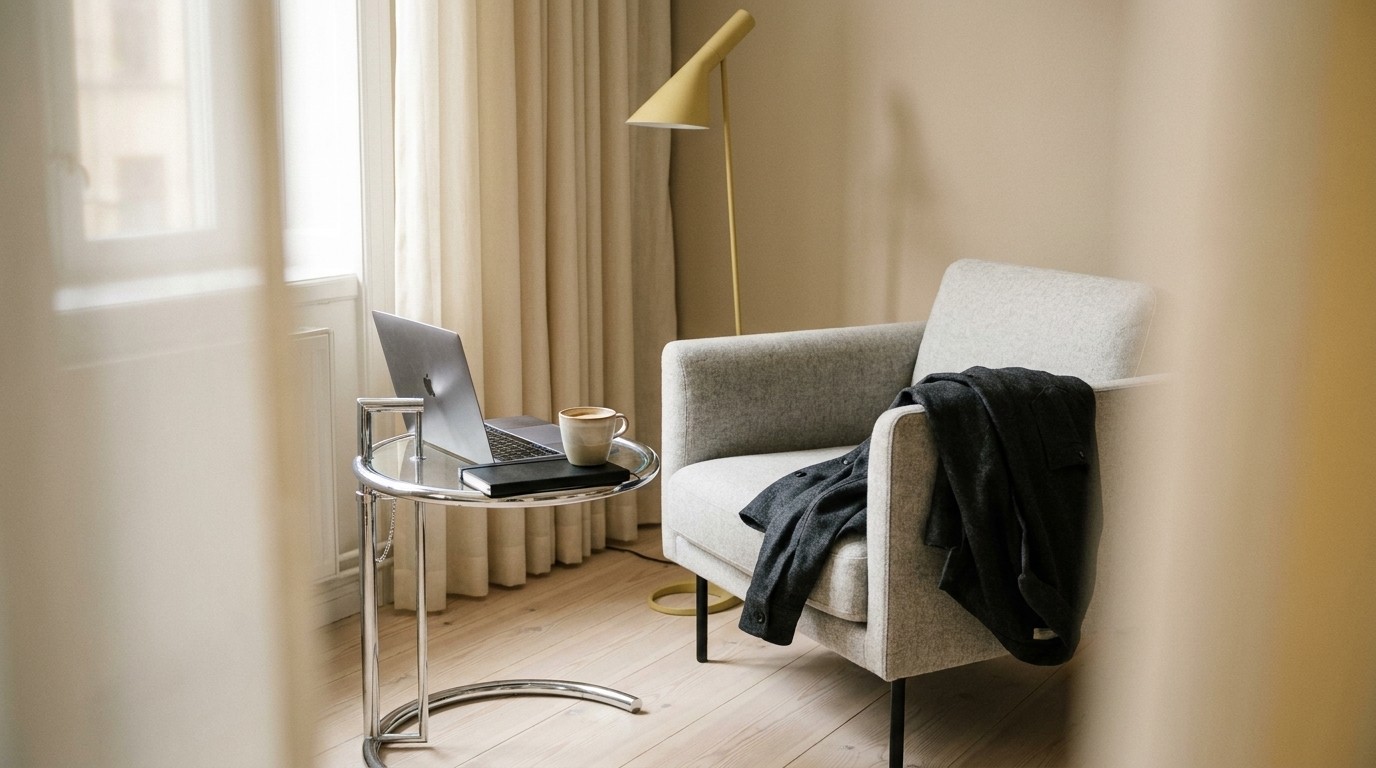 Quiet office corner with a laptop and coffee on a glass side table beside a grey armchair