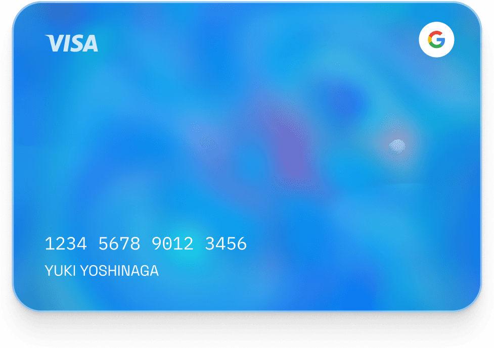 Blue Visa card with Google Pay logo, displaying sample card number and cardholder name Yuki Yoshinaga.