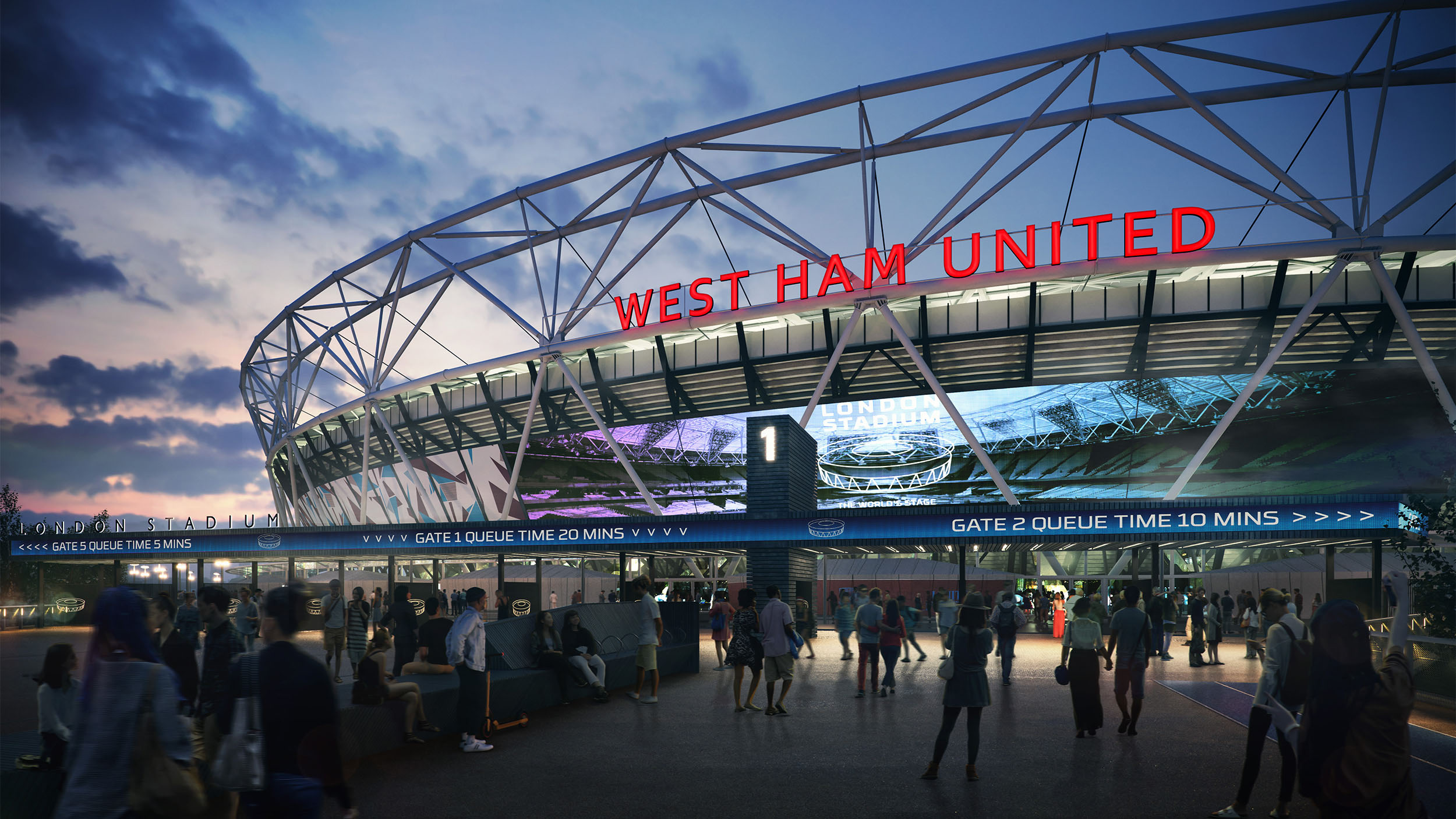 Architectural CGI of London Stadium exterior.