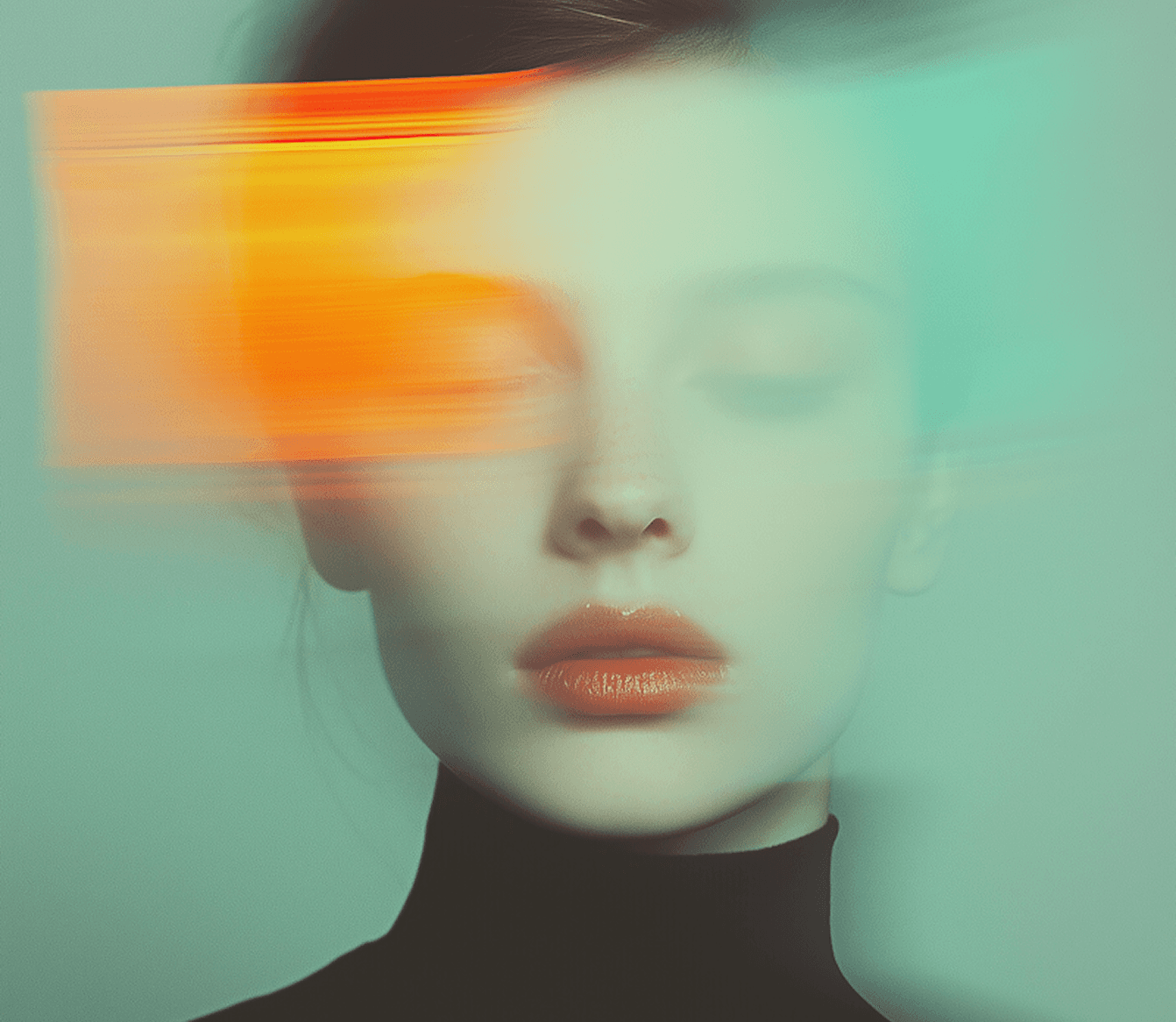 A woman with bright orange and green lights reflecting in her eyes, creating a striking and vibrant appearance.