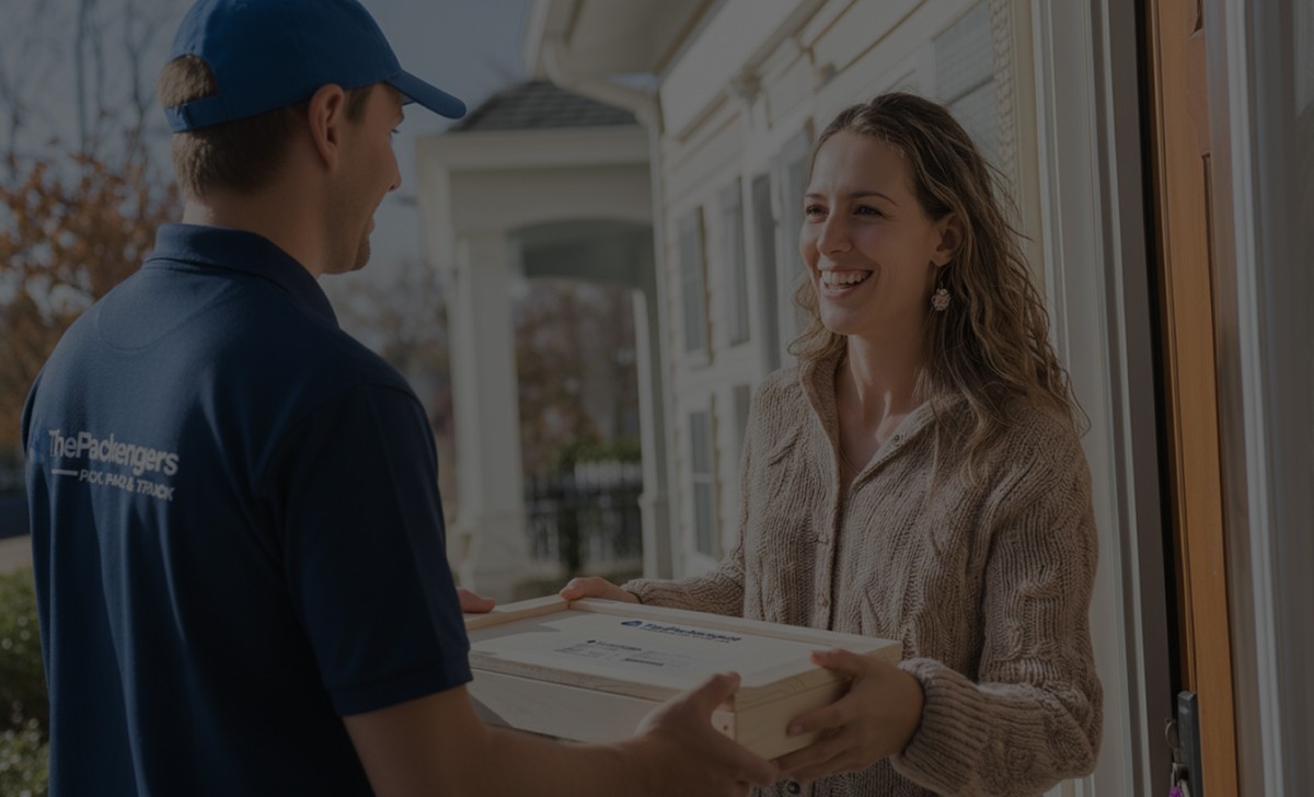Woman happily receives package from thepackengers delivery guy