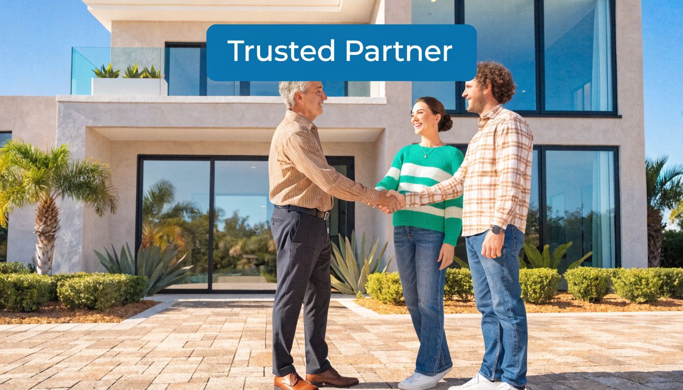 A professional real estate agent shakes hands with a happy couple in front of a modern luxury home.