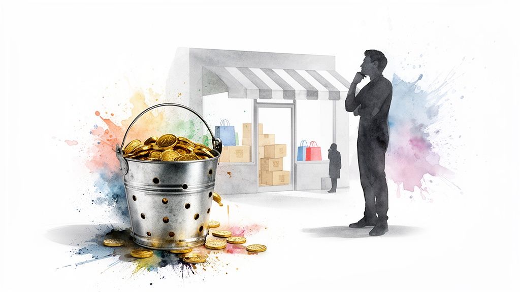 Watercolor illustration of a man observing a leaky bucket of gold coins near a retail store.