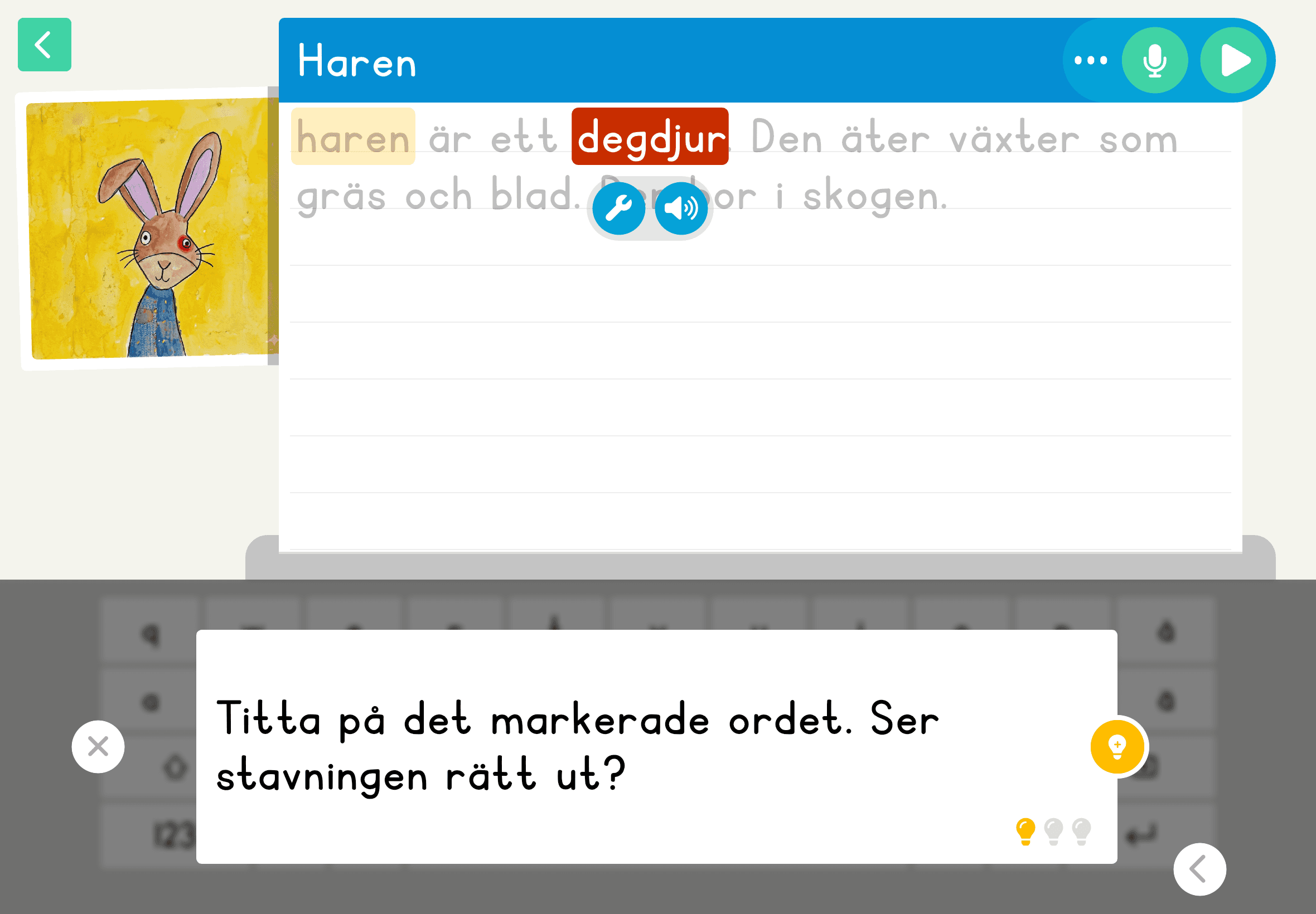 Skrivvyn i Kattalo där ordet degdjur är rödmarkerat och ledtråden lyder: Titta på det markerade ordet. Ser stavningen rätt ut?