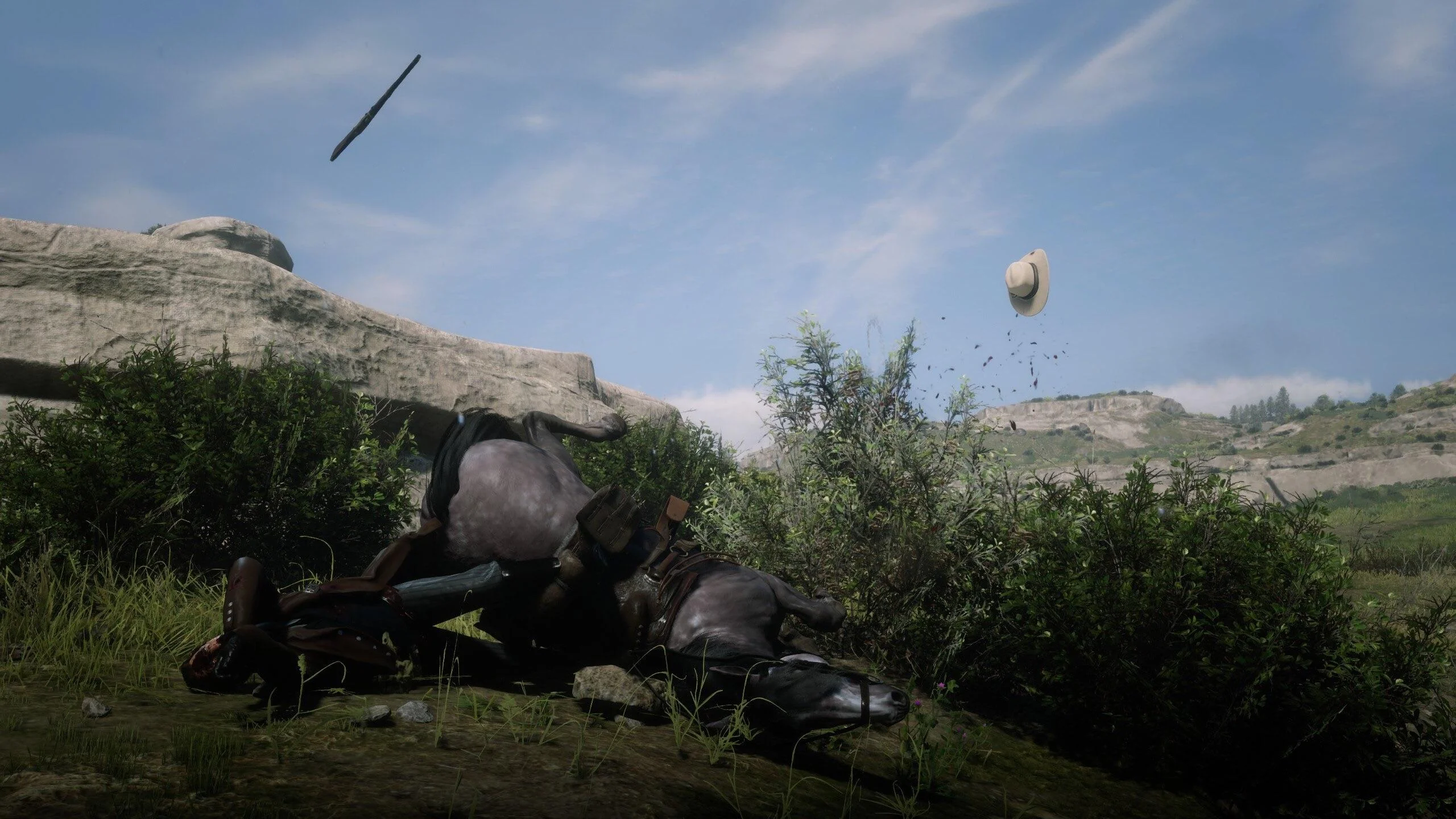 fallen horse with flying hat in red dead redemption II