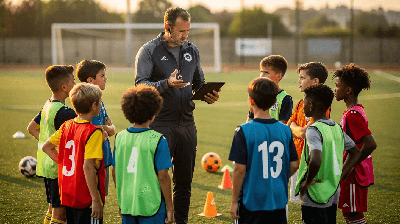 A football coach is holding a tablet while discussing strategies with a group of young players on a training ground, emphasizing the importance of effective training sessions and team collaboration. The scene highlights the coach's role in guiding the team, similar to how registration software helps manage event details and attendee data efficiently.