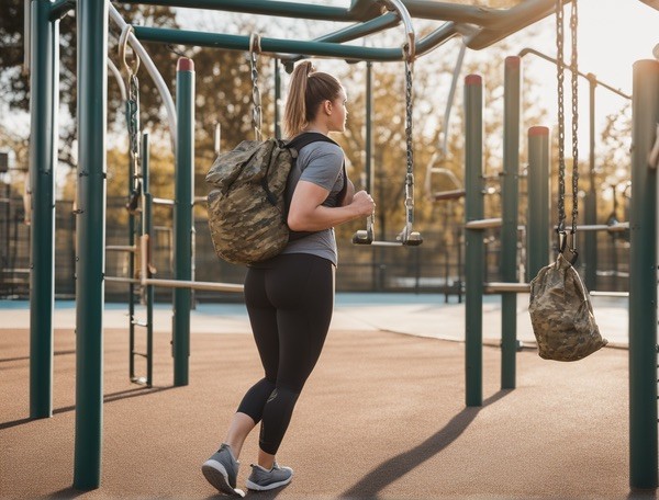 woman exercising with a backpack in the city