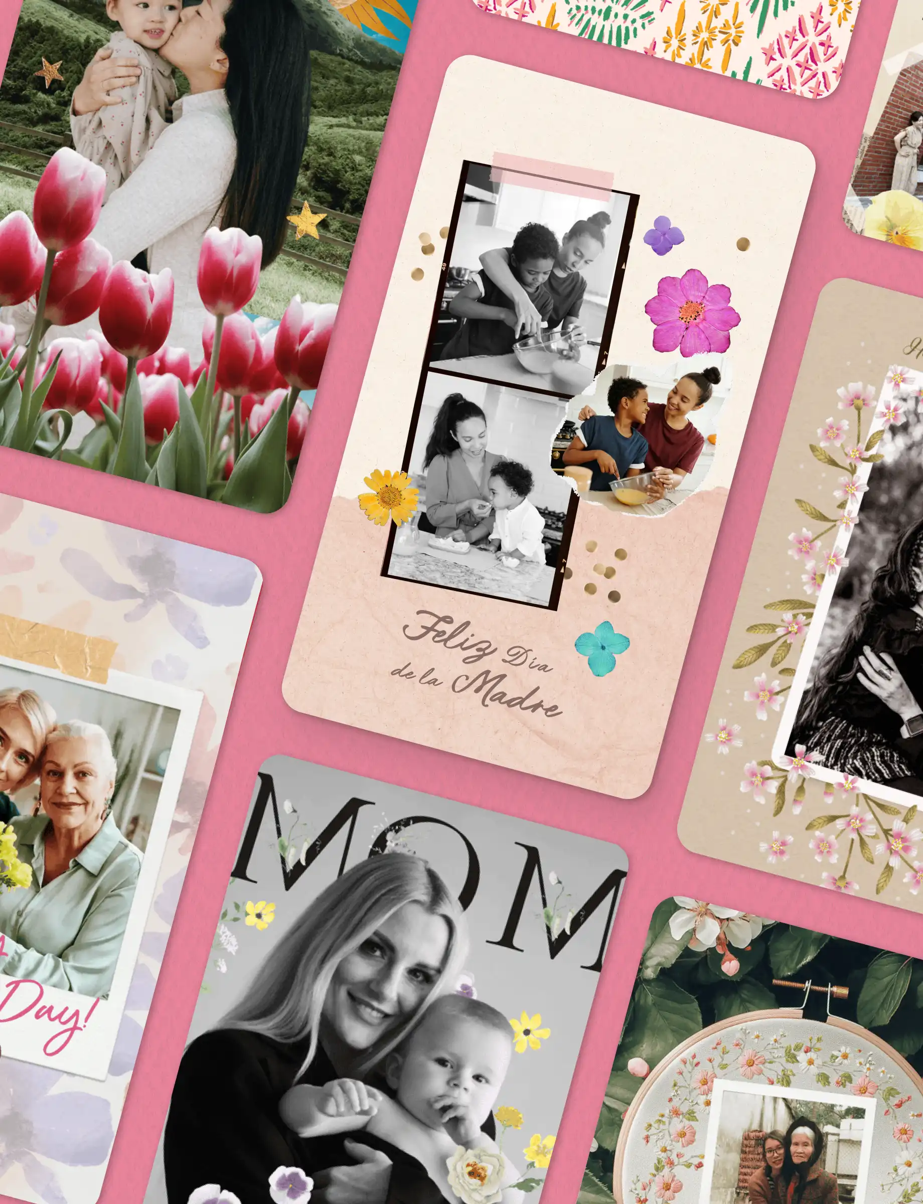 Browsing Mother's Day card templates in the PicCollage app, including 'Feliz Día de la Madre' designs