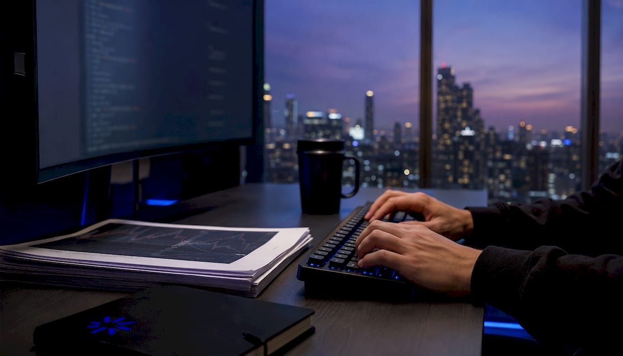Hands typing at trading workstation with code and charts