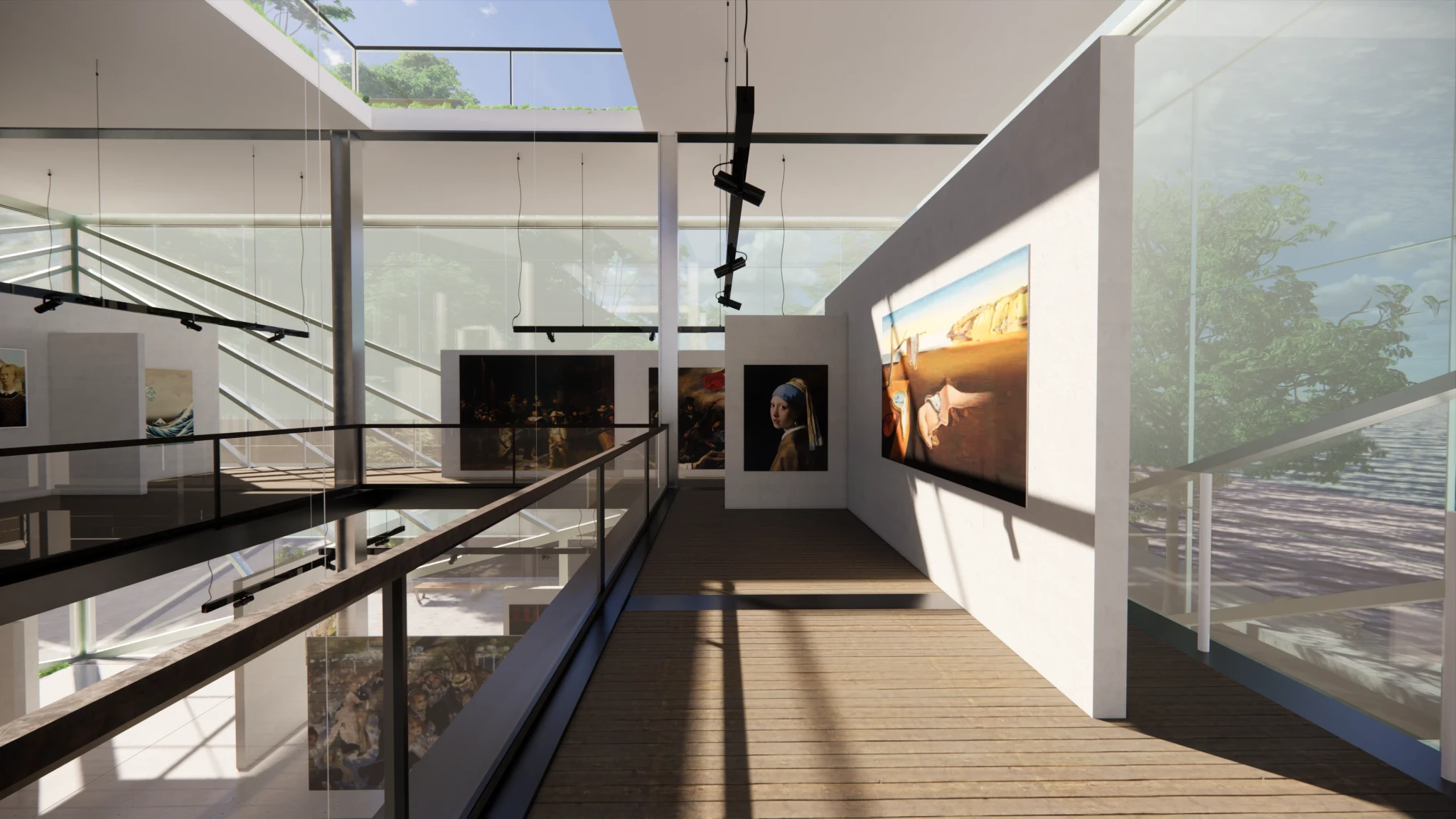 A corridor in a second storey level in an art gallery