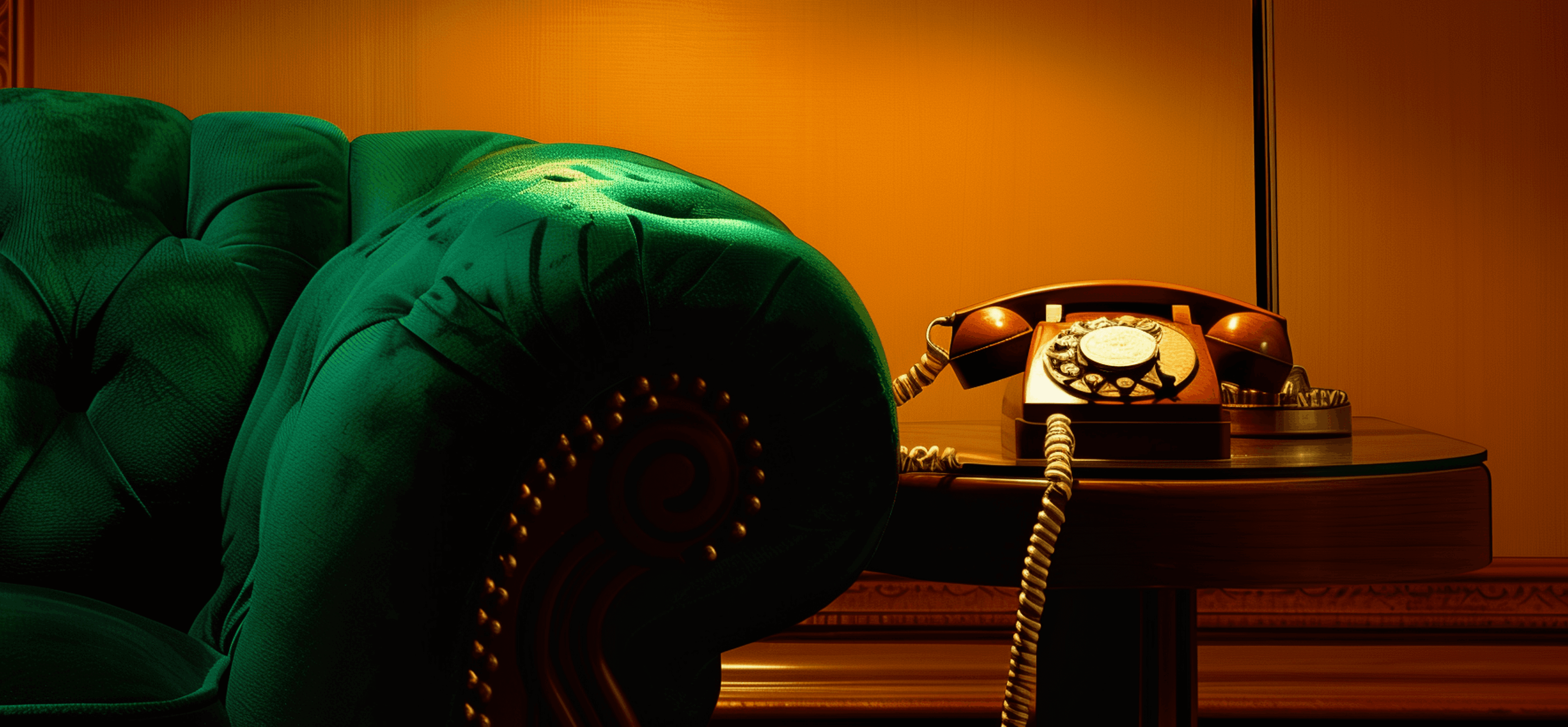 Vintage rotary telephone on a wooden side table beside a green velvet sofa under warm orange ambient lighting.