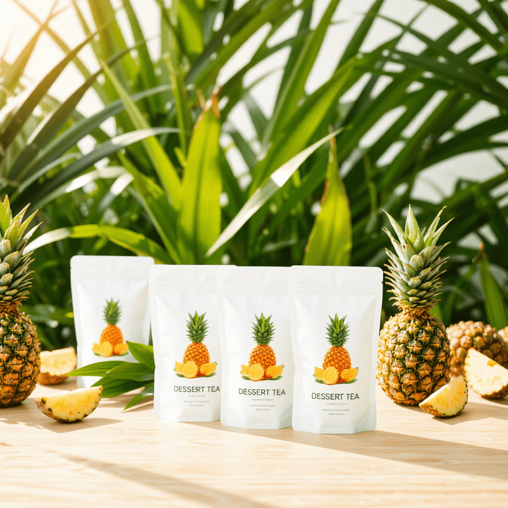 product photography of packets of pineapple vinegar dessert tea