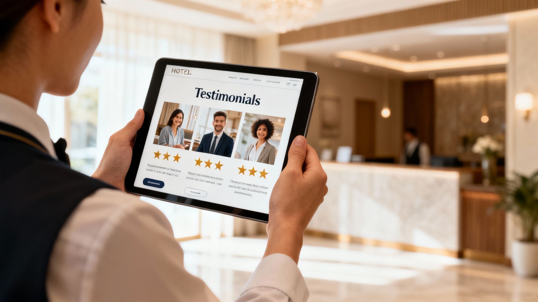 A hotel staff member holds a tablet displaying customer testimonials with 5-star ratings in a hotel lobby.