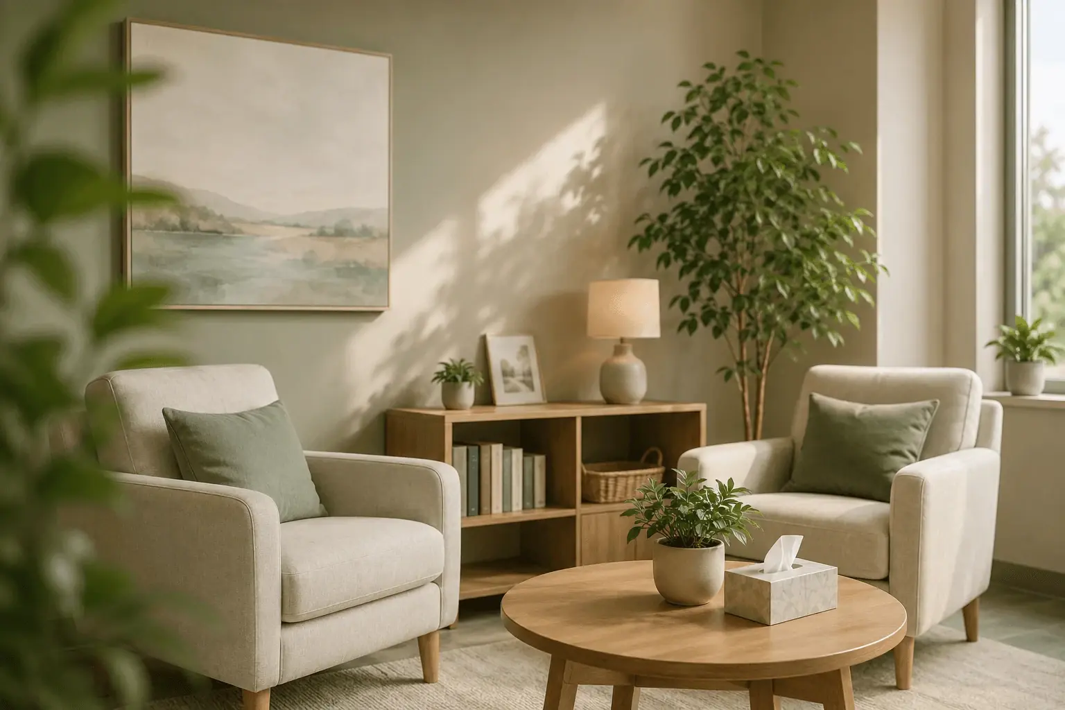Comfortable counseling room with chairs, plants, and natural light