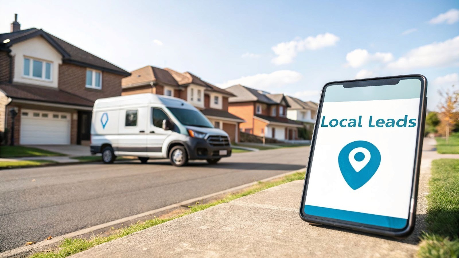 A white delivery van drives past houses on a suburban street, while a smartphone displays 'Local Leads' and a map pin.