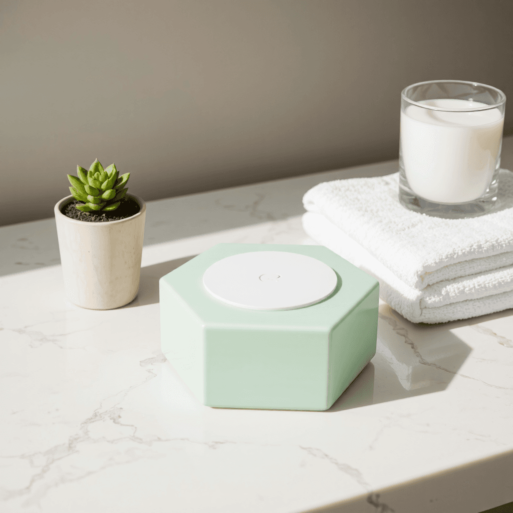 product photography of a hexagonal shape in a light green color