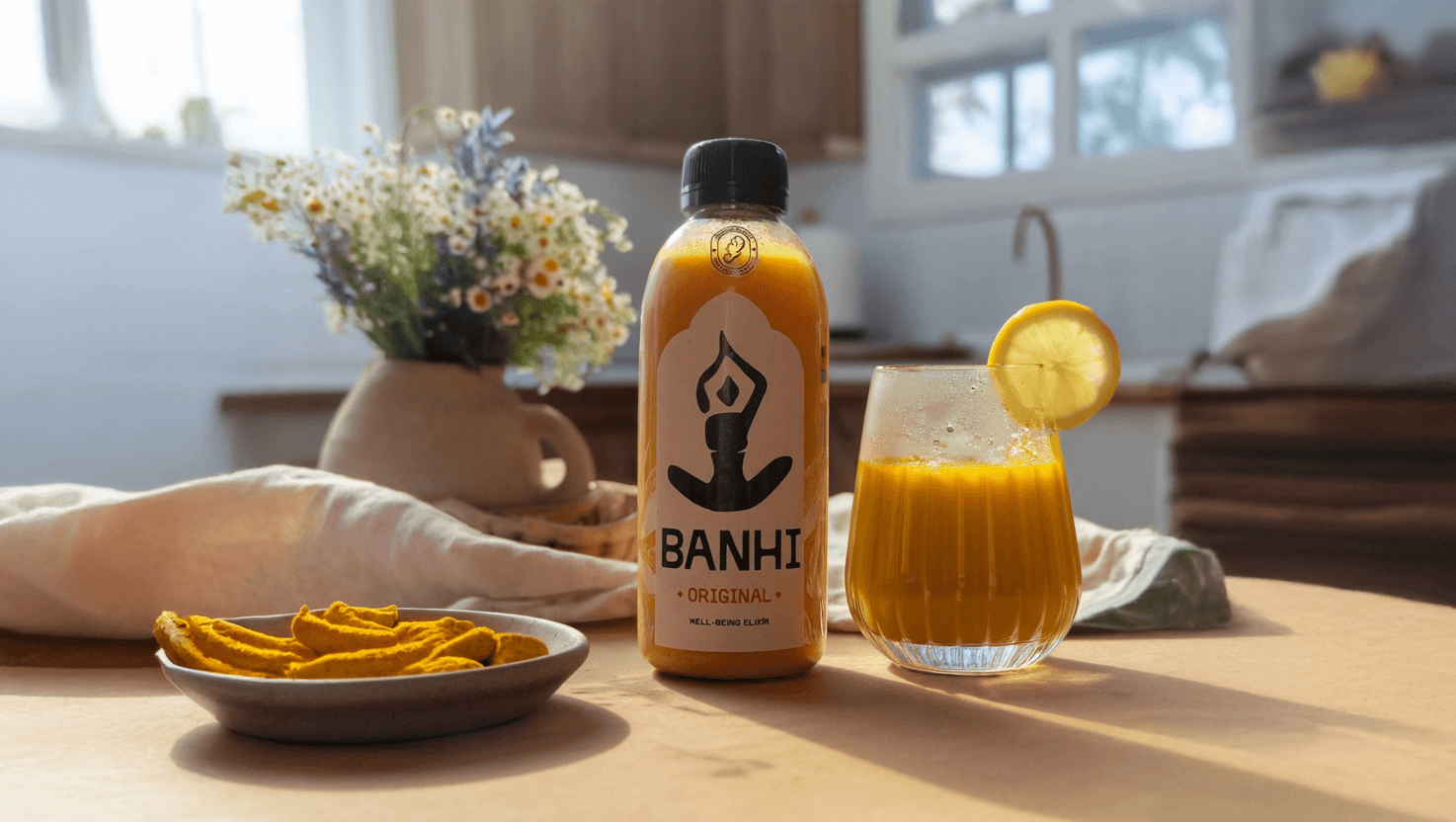 Banhi turmeric wellness drink branding and premium bottle packaging