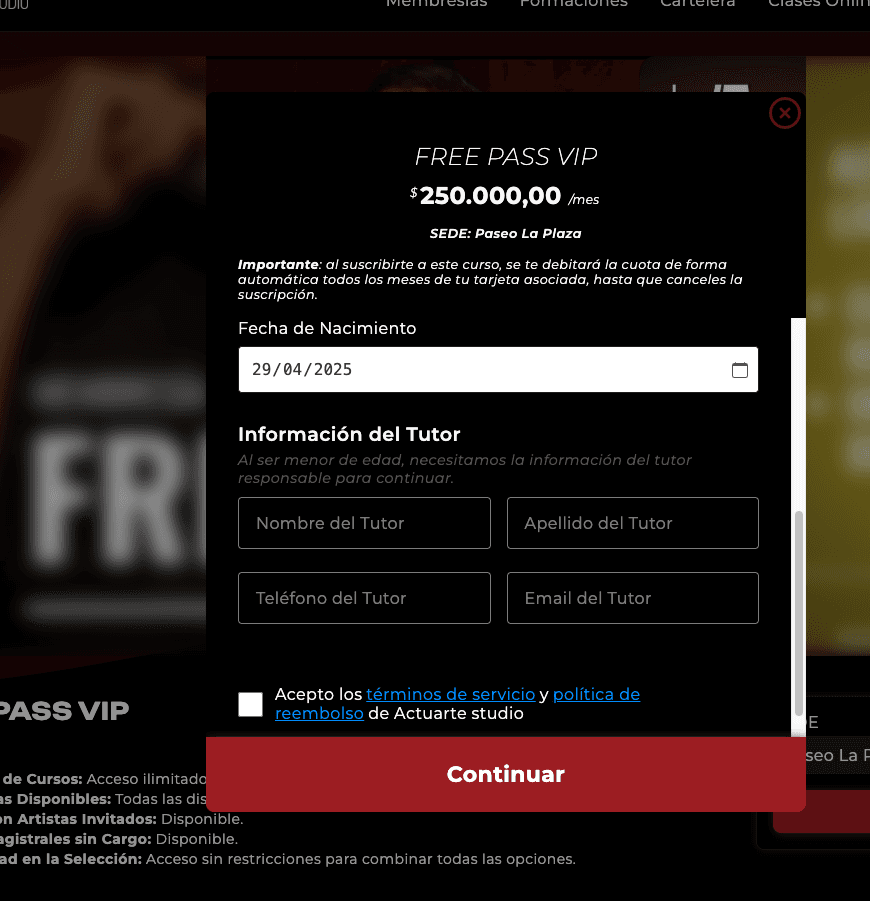 RSVP completamente personalizado para obtener hasta datos del tutor al comprar una membresia o curso