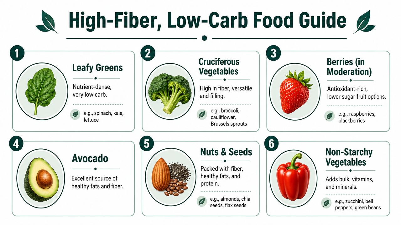 A numbered guide illustrating six healthy food groups that are high in fiber and low in carbohydrates.
