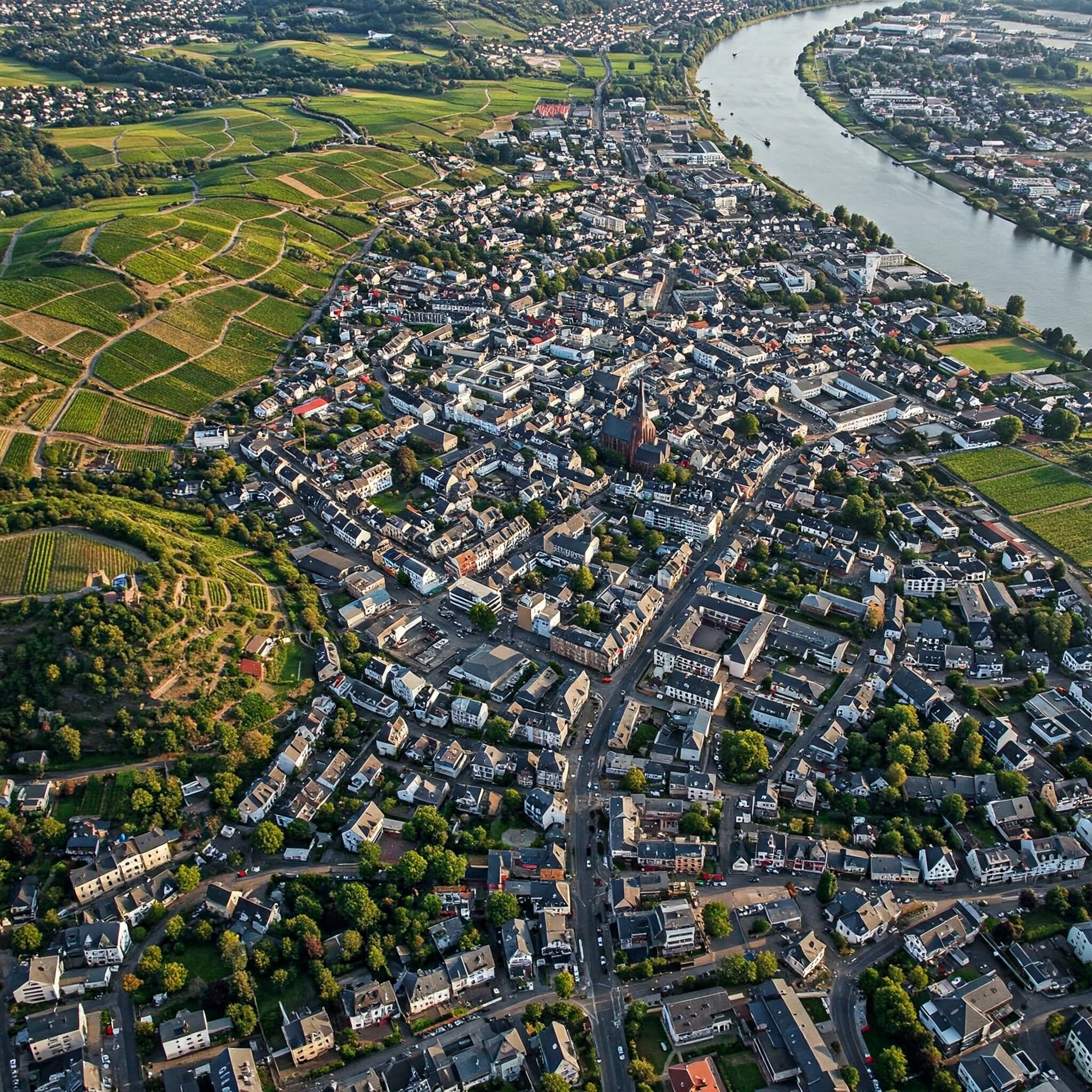 Die Stadt Ingelheim mit ihren historischen Gebäuden und dem weitläufigen Grün des Ingelheimer Kaiserpfalz-Geländes.