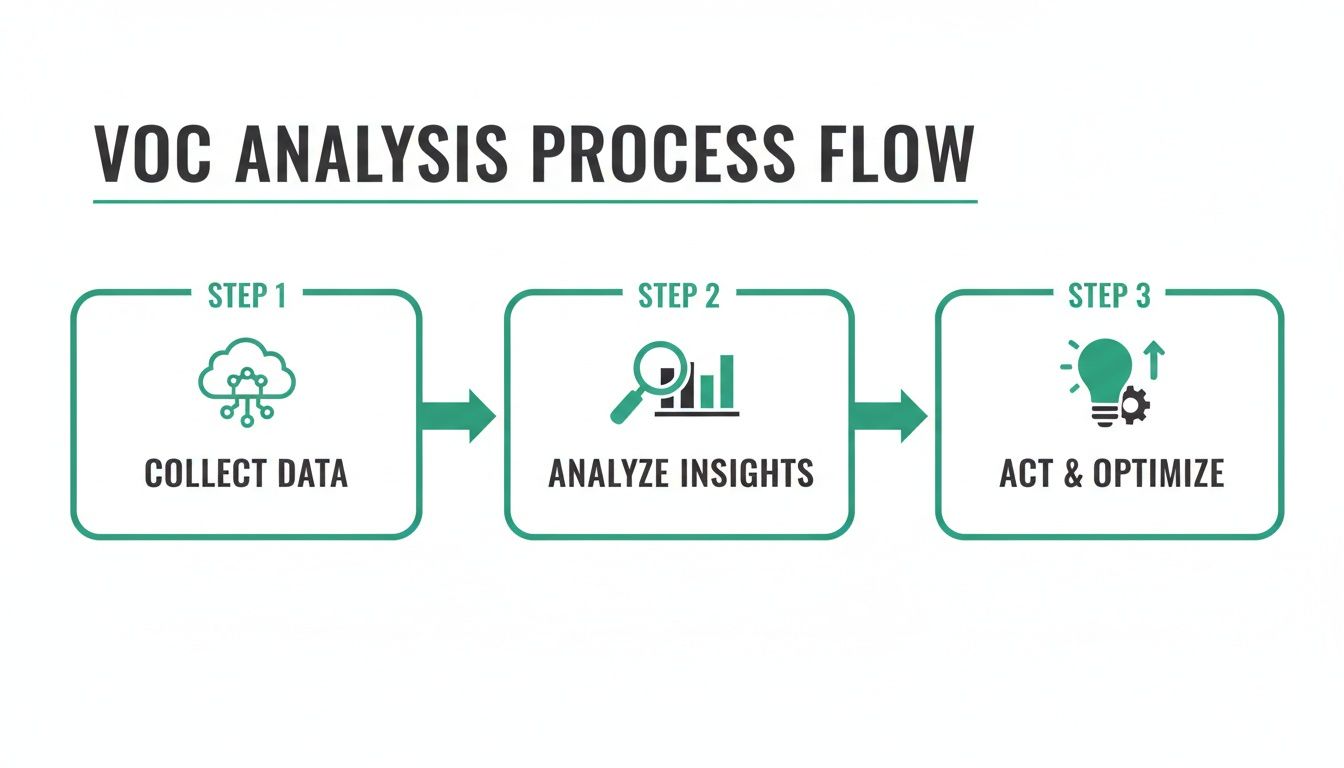 A three-step VOC analysis process flow diagram: collect data, analyze insights, act & optimize.