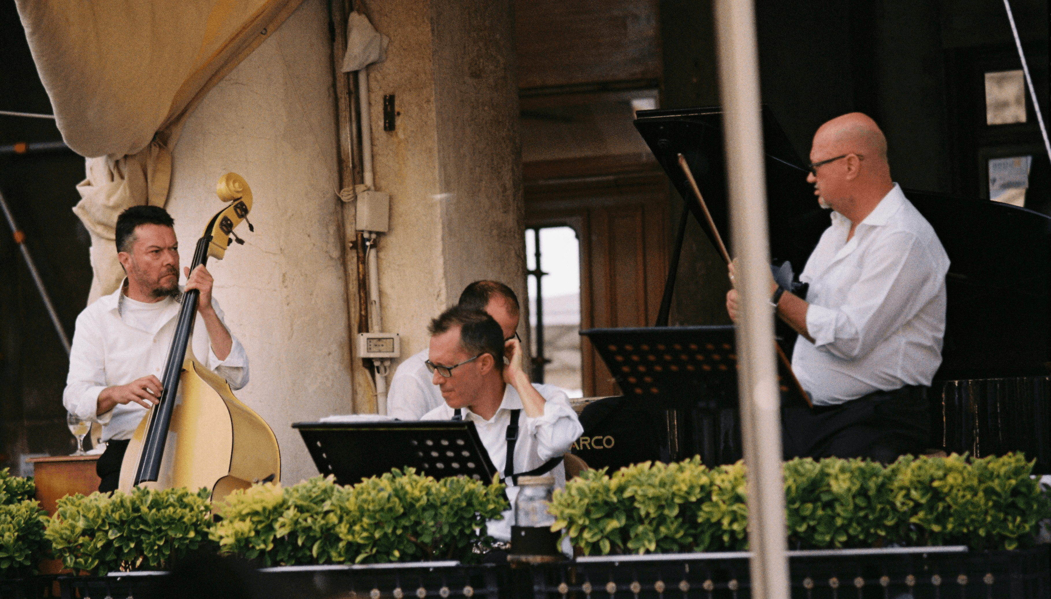 Musicians performing jazz music outdoors with piano and bass.