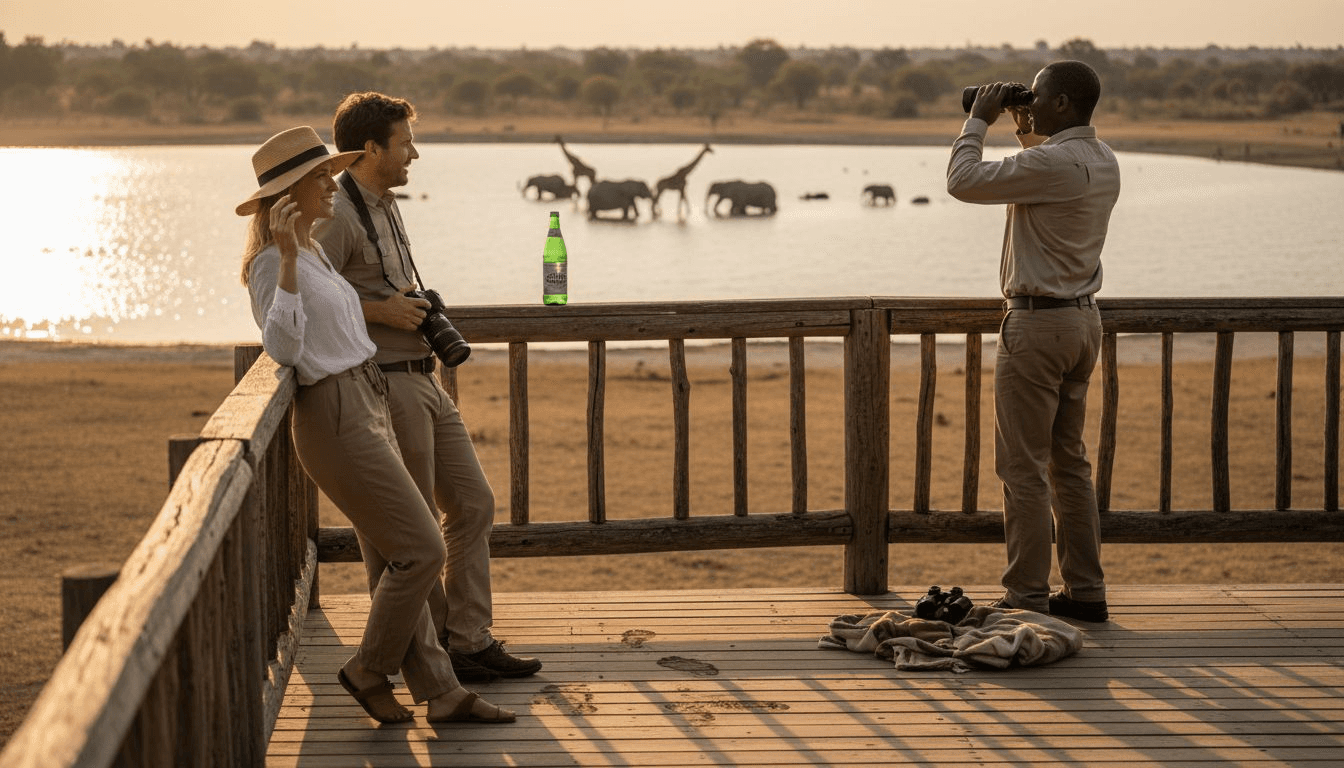Un couple accompagné de leur guide observe les animaux sauvages lors d’un safari.