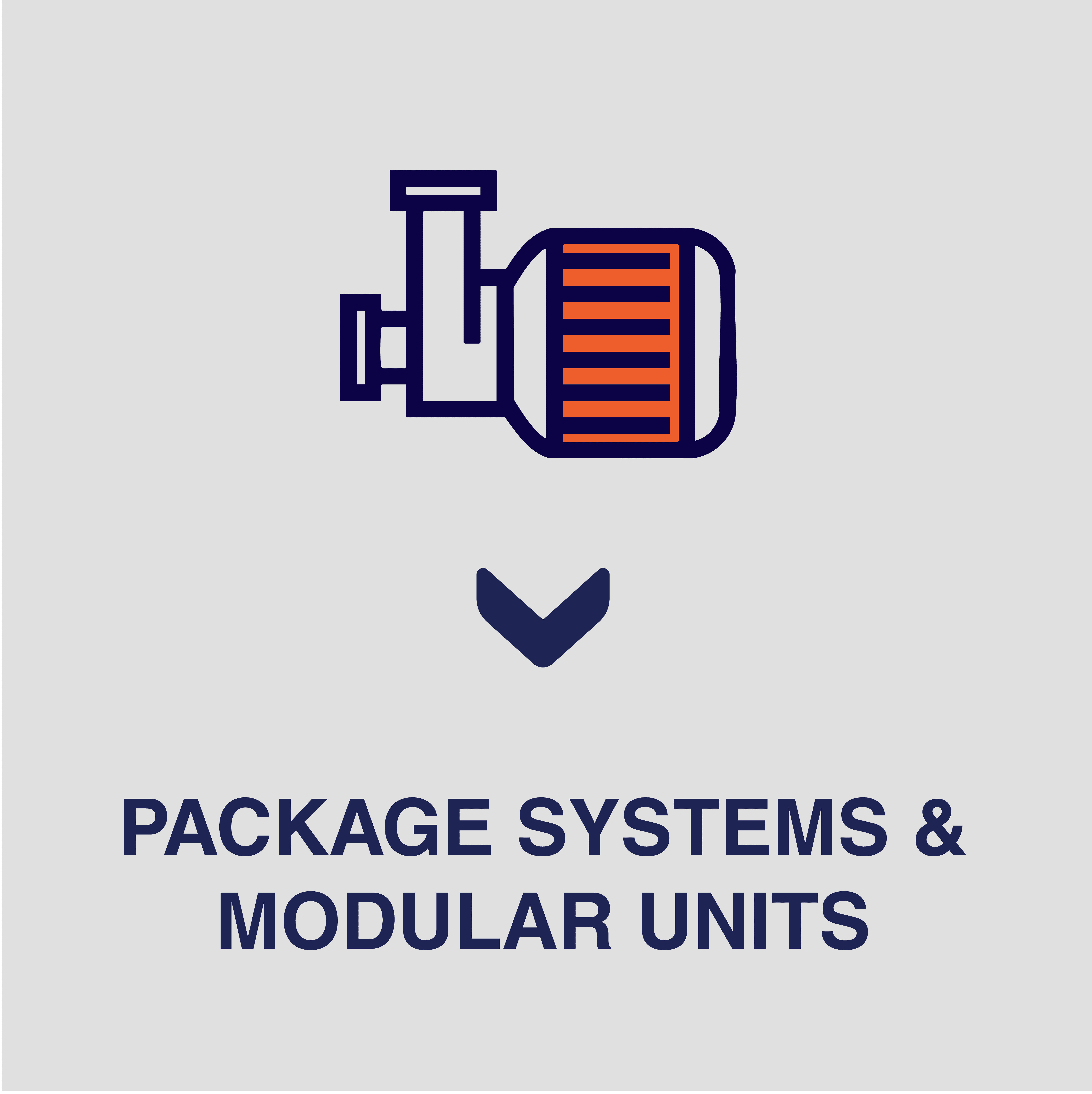 icon of a blue and range pump on a white background with blue text saying package systems & modular units