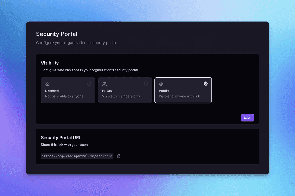 an example of the chainpatrol security portal, showing visibility settings