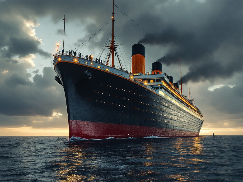 A large ship sailing on the ocean at sunset.