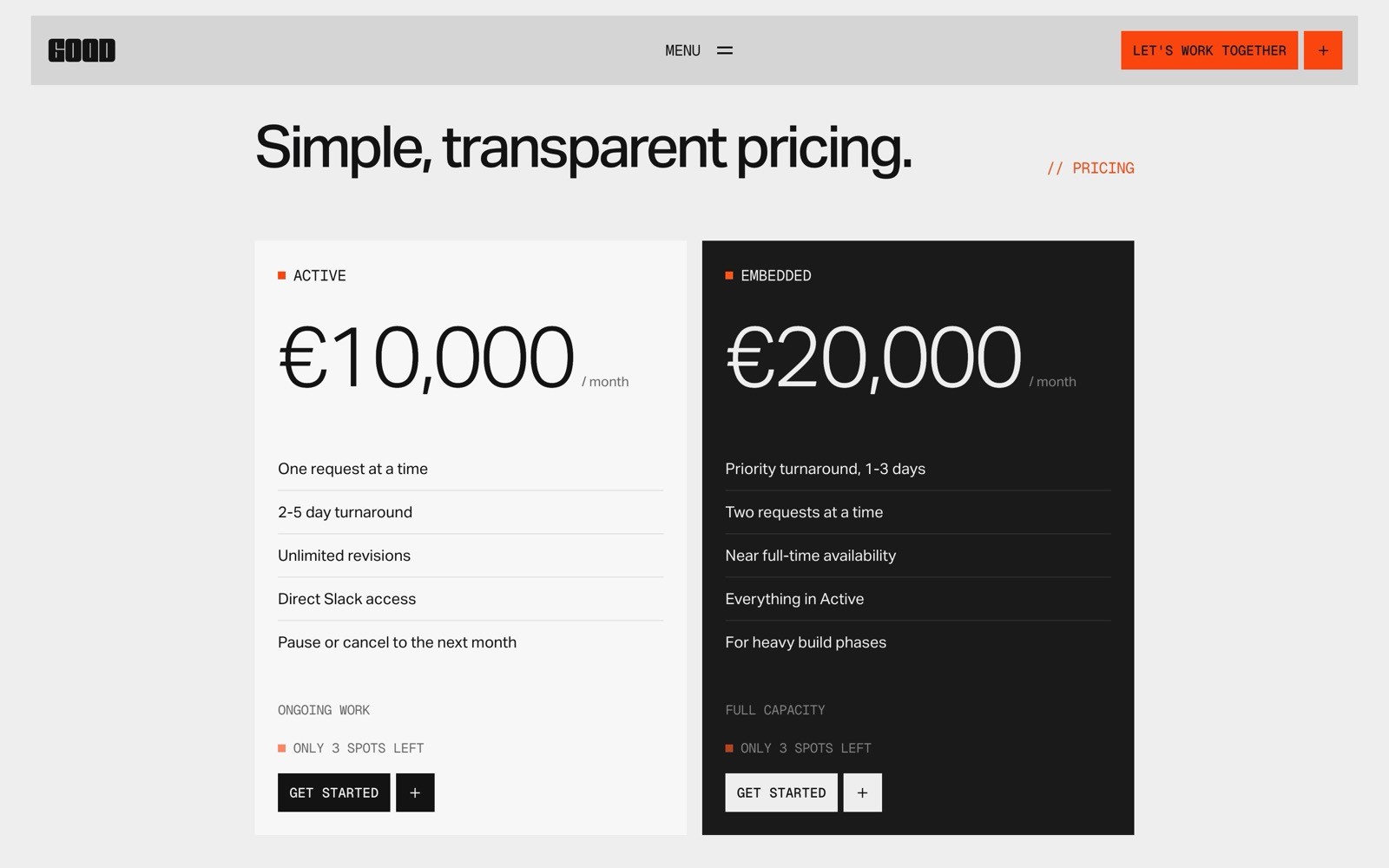 Simple pricing table with two plans: Active at €10,000/month and Embedded at €20,000/month, highlighting features and sign-up options.