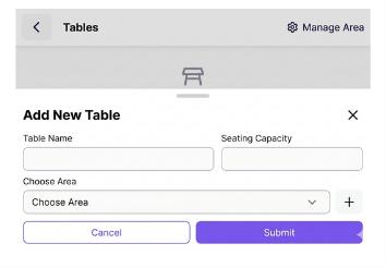 ERP table management screen for restaurant operations
