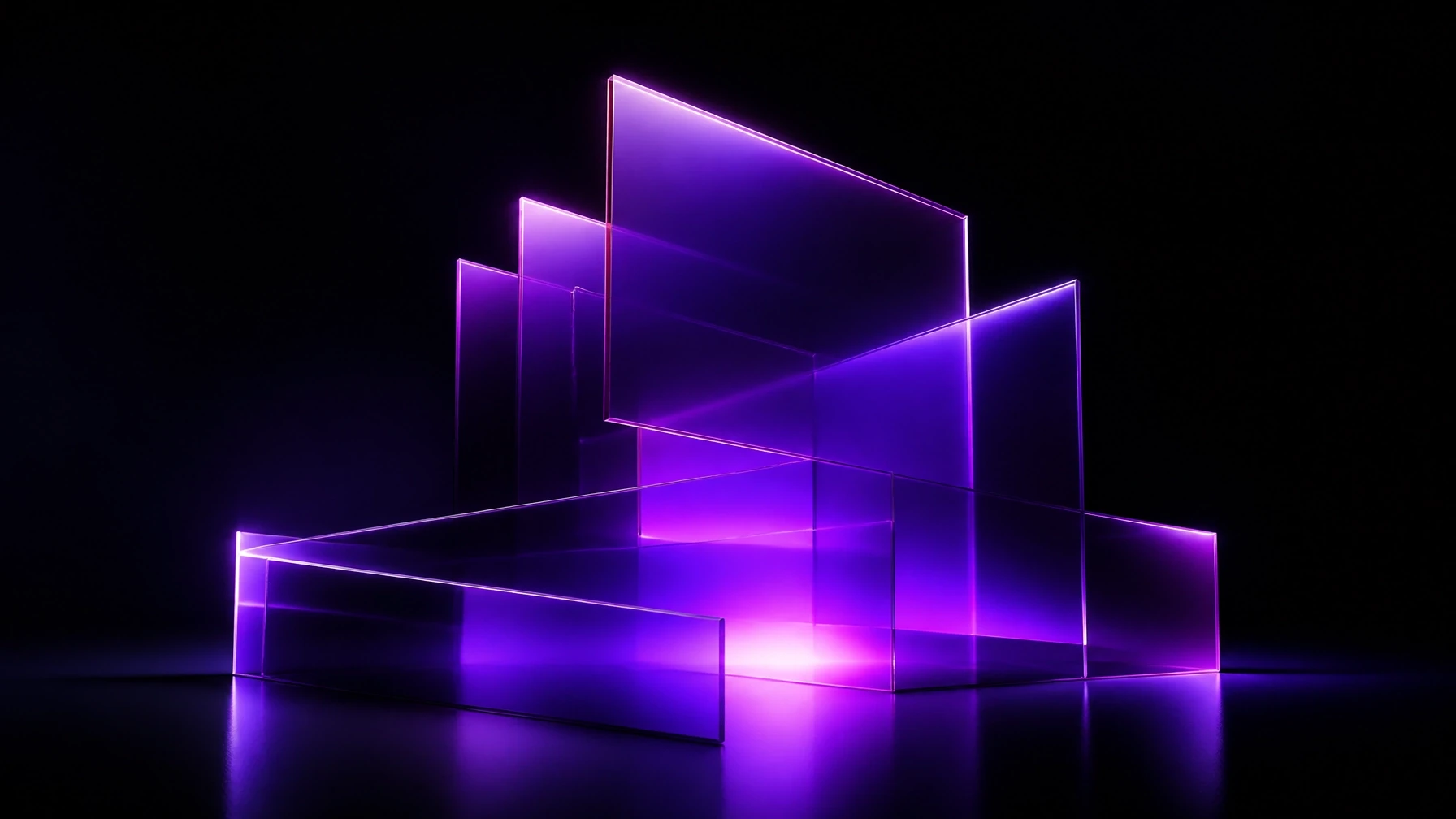 High-end digital agency hero image featuring glowing violet and magenta glass panels on a deep black background, symbolizing futuristic sophistication.