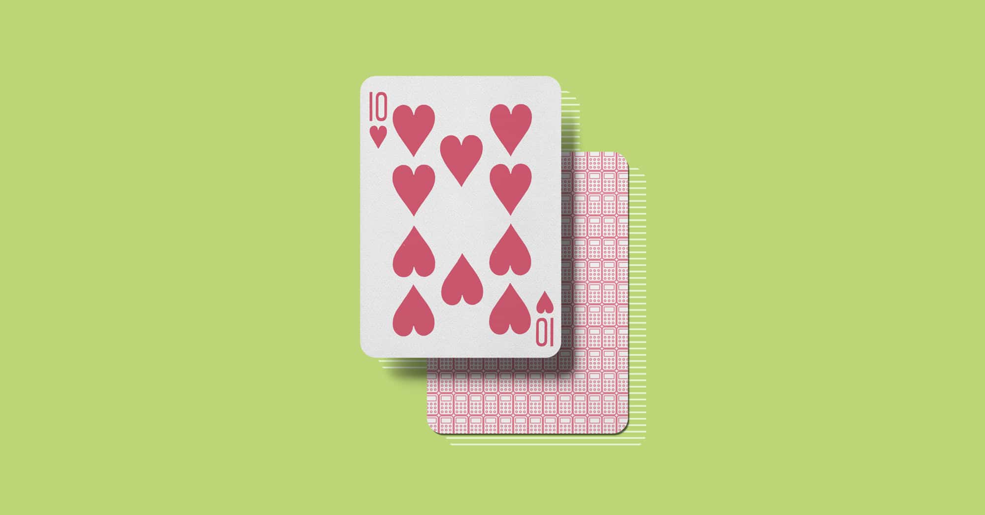 Carta de juego diez de corazones sobre fondo verde.