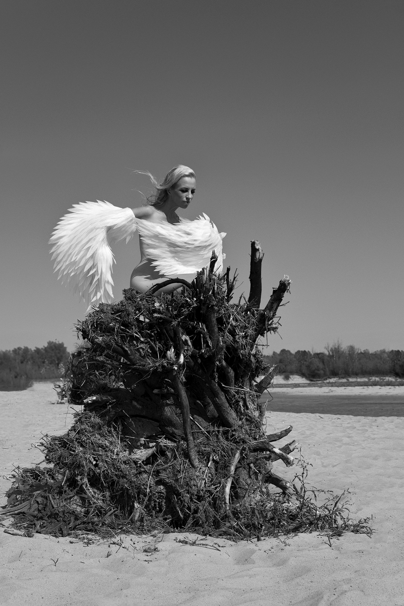 Woman standing on a nest made of branches, white wings - Wings - Agnieszka Czyzkowska Photography