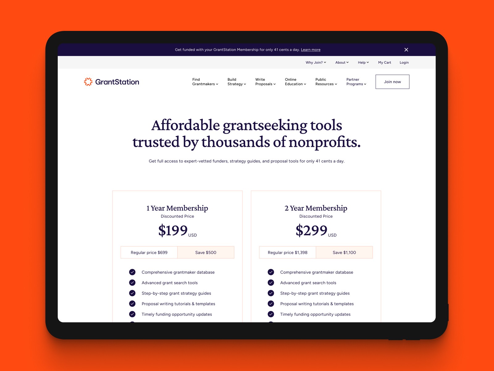 Tablet screen displaying GrantStation pricing page with membership tiers and plan details on a bright orange background.