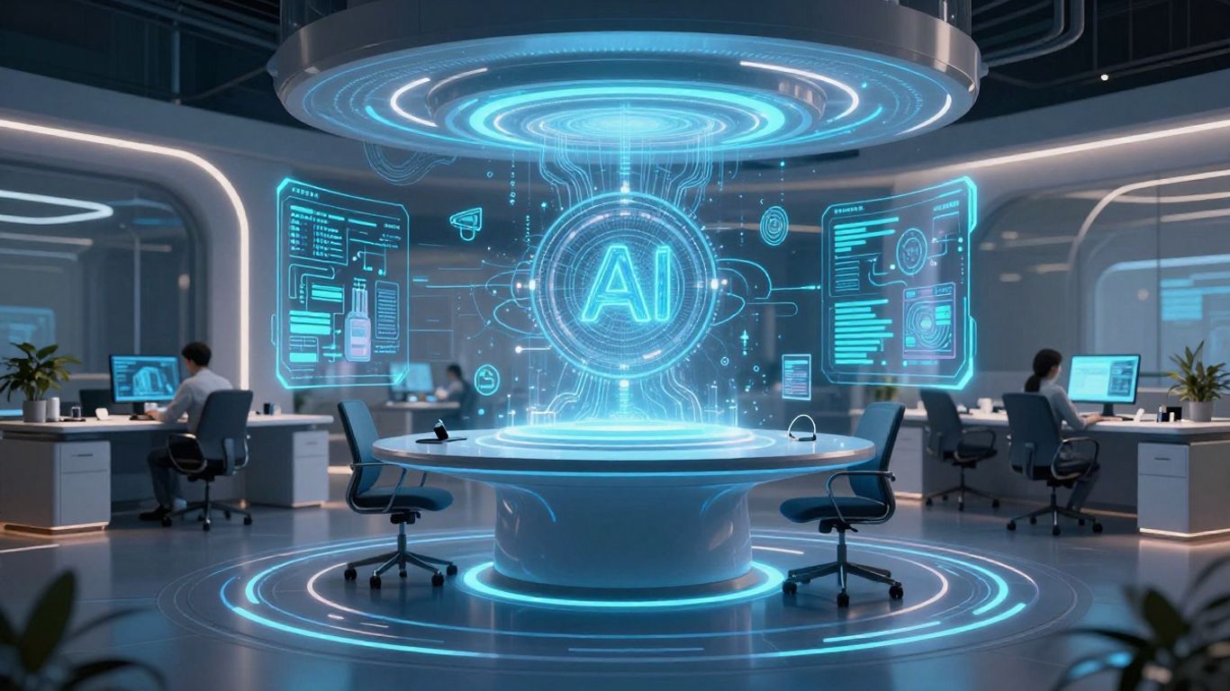 Futuristic AI UX design workspace with holographic interfaces.