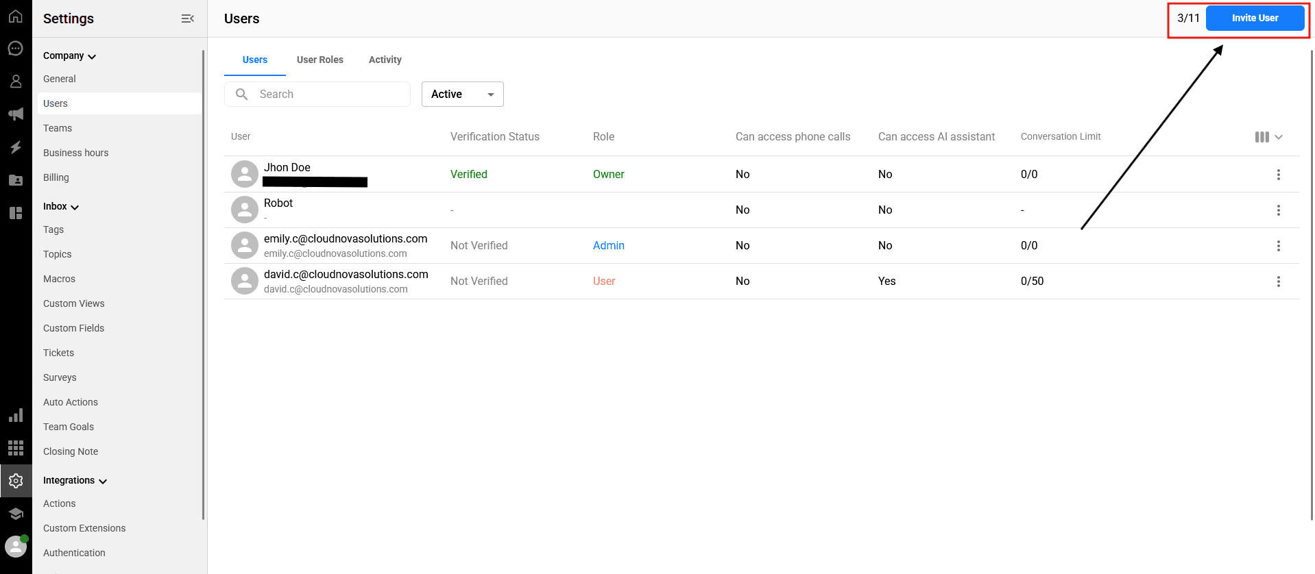 Screenshot of the Settings > Company > Users page highlighting the Invite User button