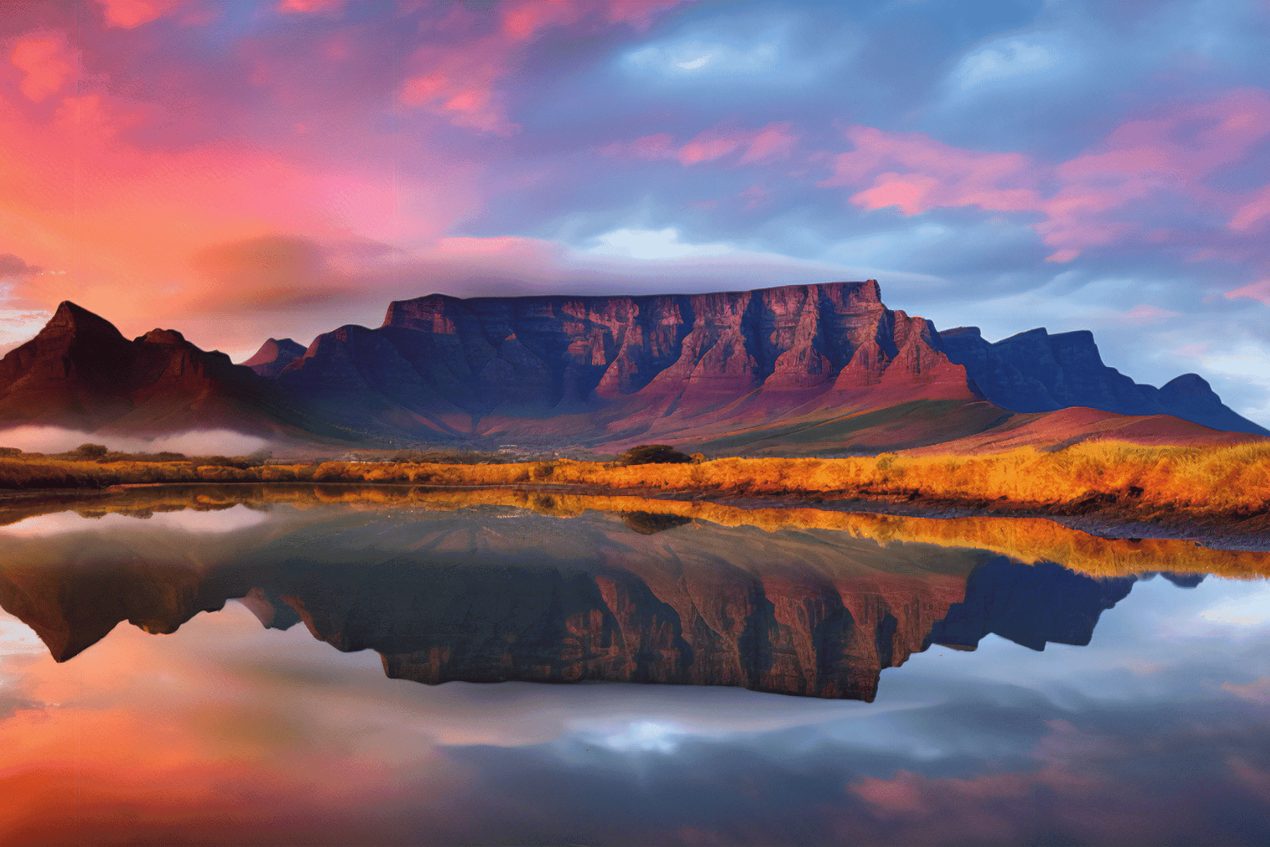 
A stunning landscape of the Drakensberg Mountains is reflected in a tranquil lake at sunrise, with vibrant hues of pink and orange filling the sky, creating a breathtaking and serene scene.