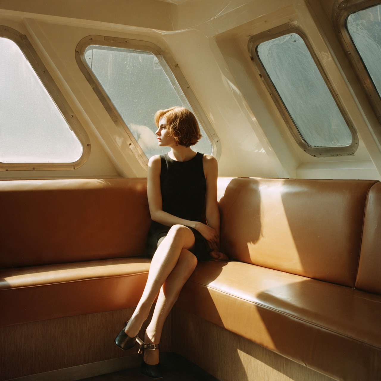 Woman in a black dress sitting on a brown leather bench next to ferry windows.