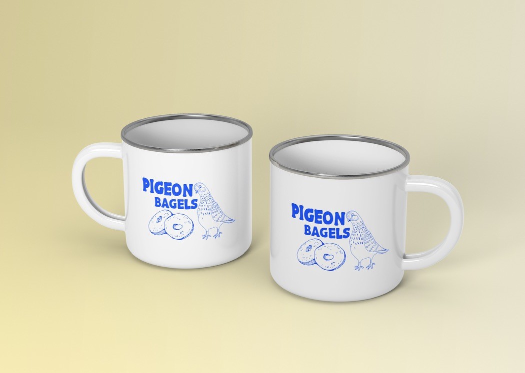 White enamel camping mugs with custom blue designs, two pigeon bagel mockup views