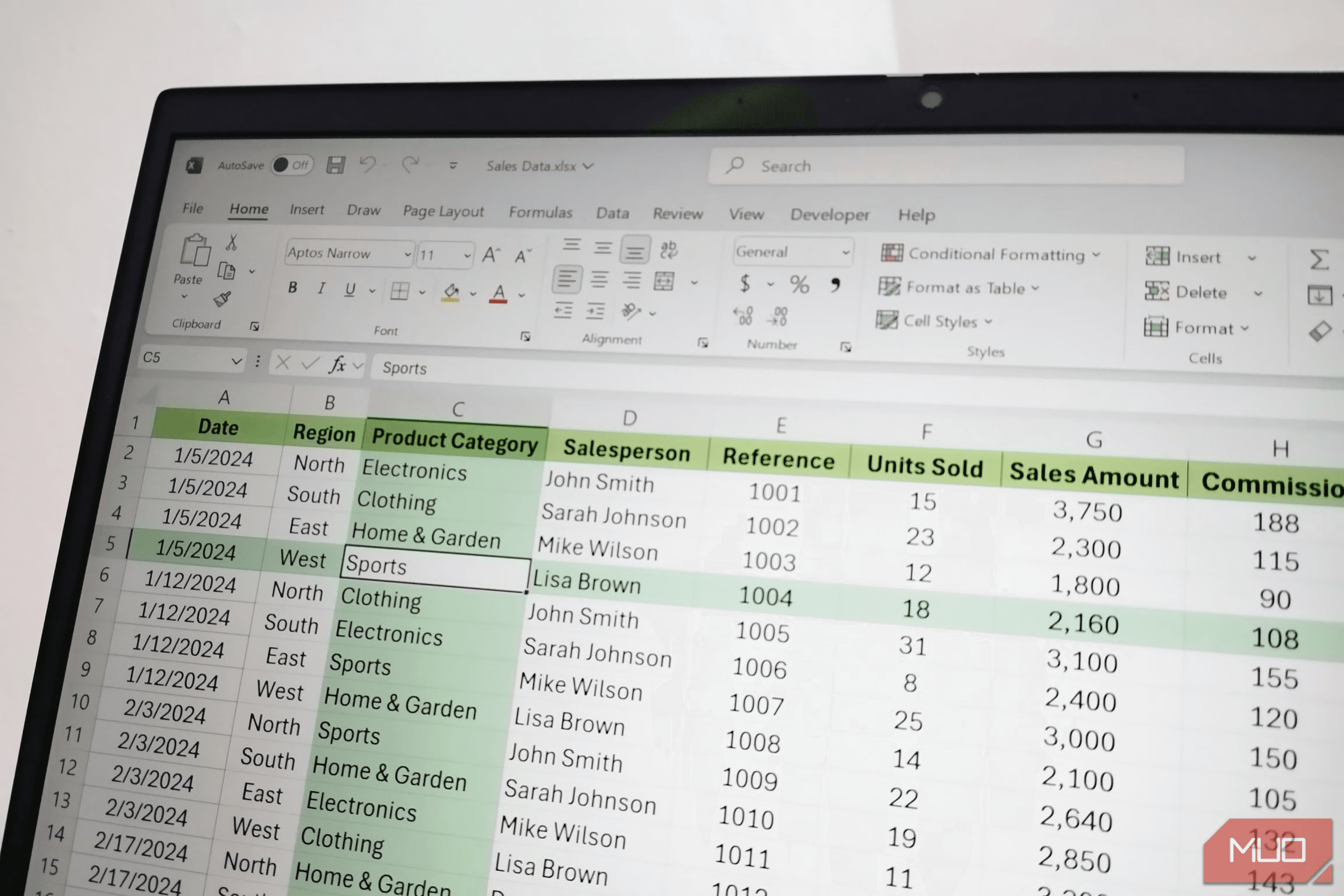 Laptop screen displaying Excel sales data spreadsheet -  How to View Hidden Sheets in Excel