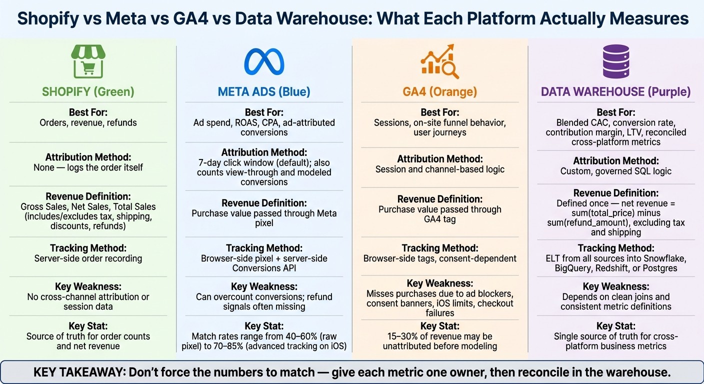 Shopify vs Meta vs GA4 vs Warehouse: What Each Platform Actually Measures