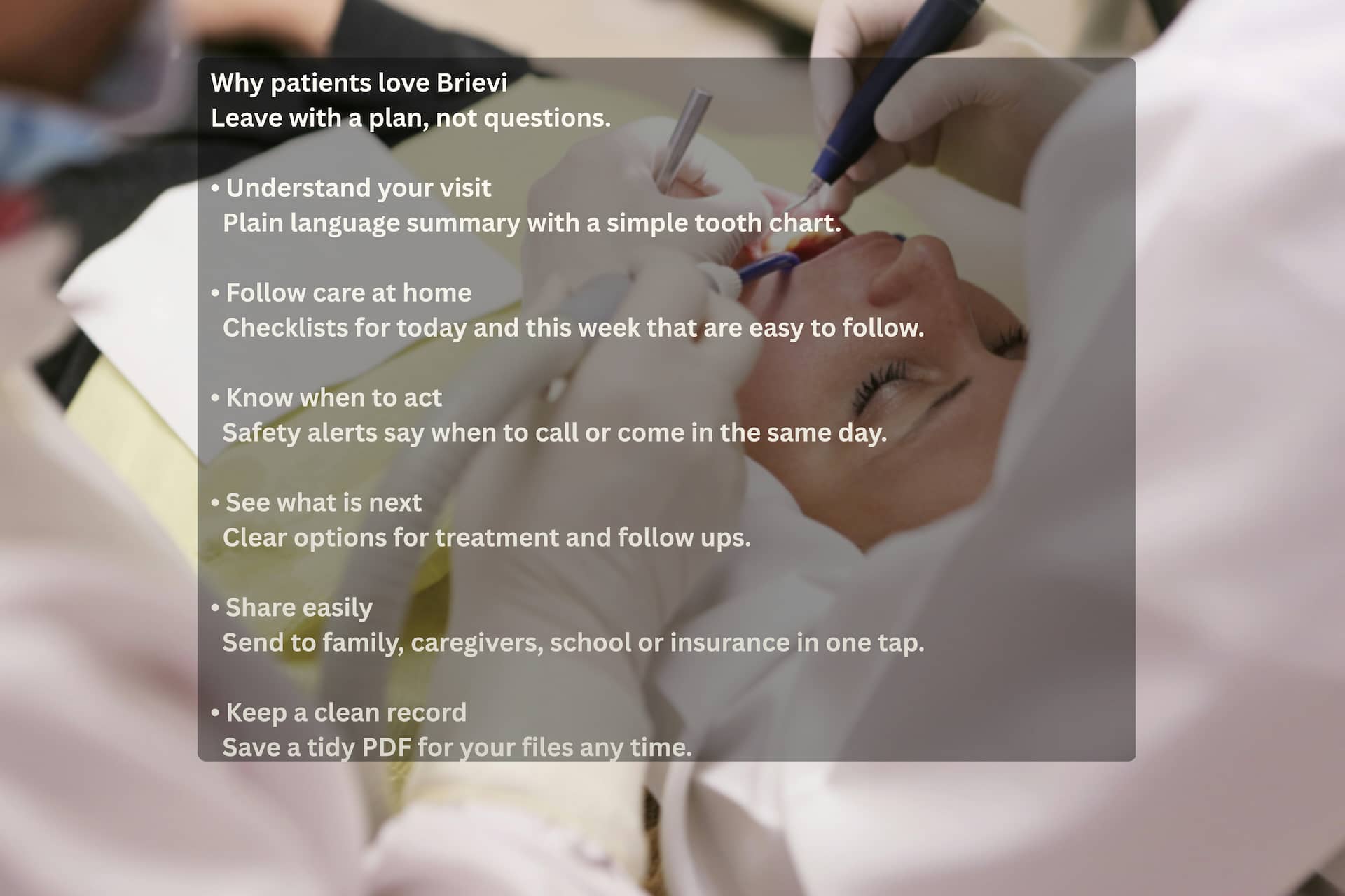 Dental patient receiving treatment while overlay text explains why patients love Brievi visit reports: clear visit summary, home-care checklists, safety alerts, easy sharing, and tidy PDF records.