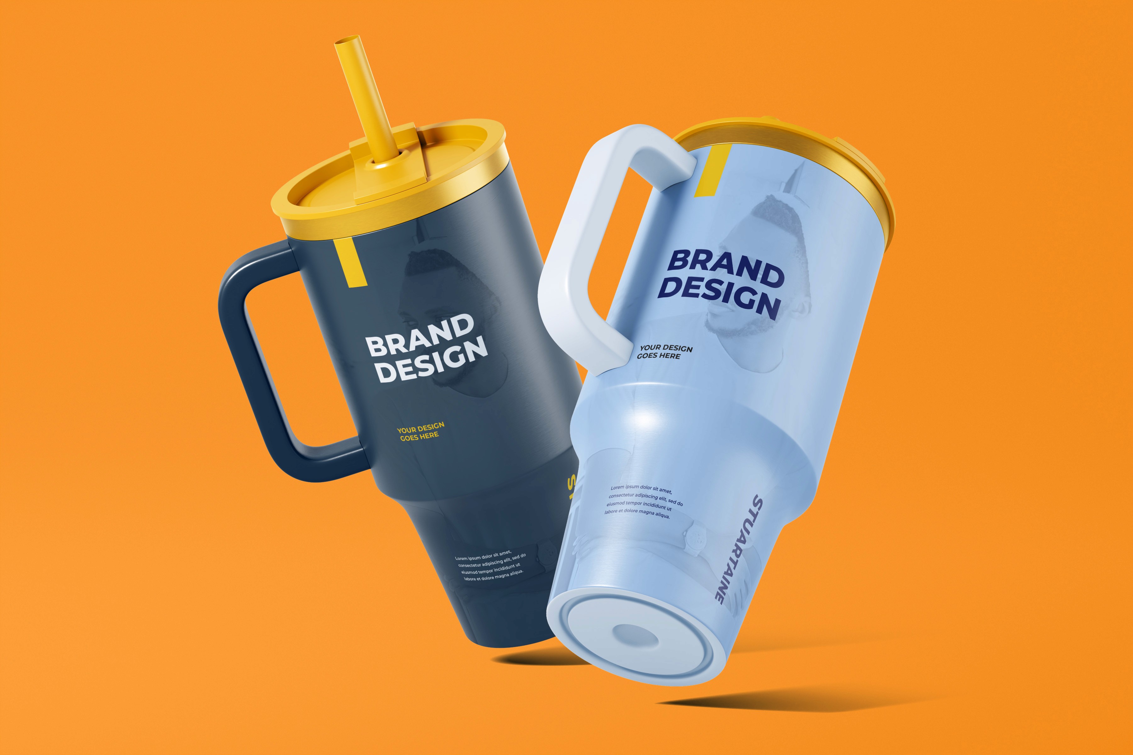 Studio portrait of a woman in a bright blue turtleneck and white trousers standing in front of a bold red square backdrop.