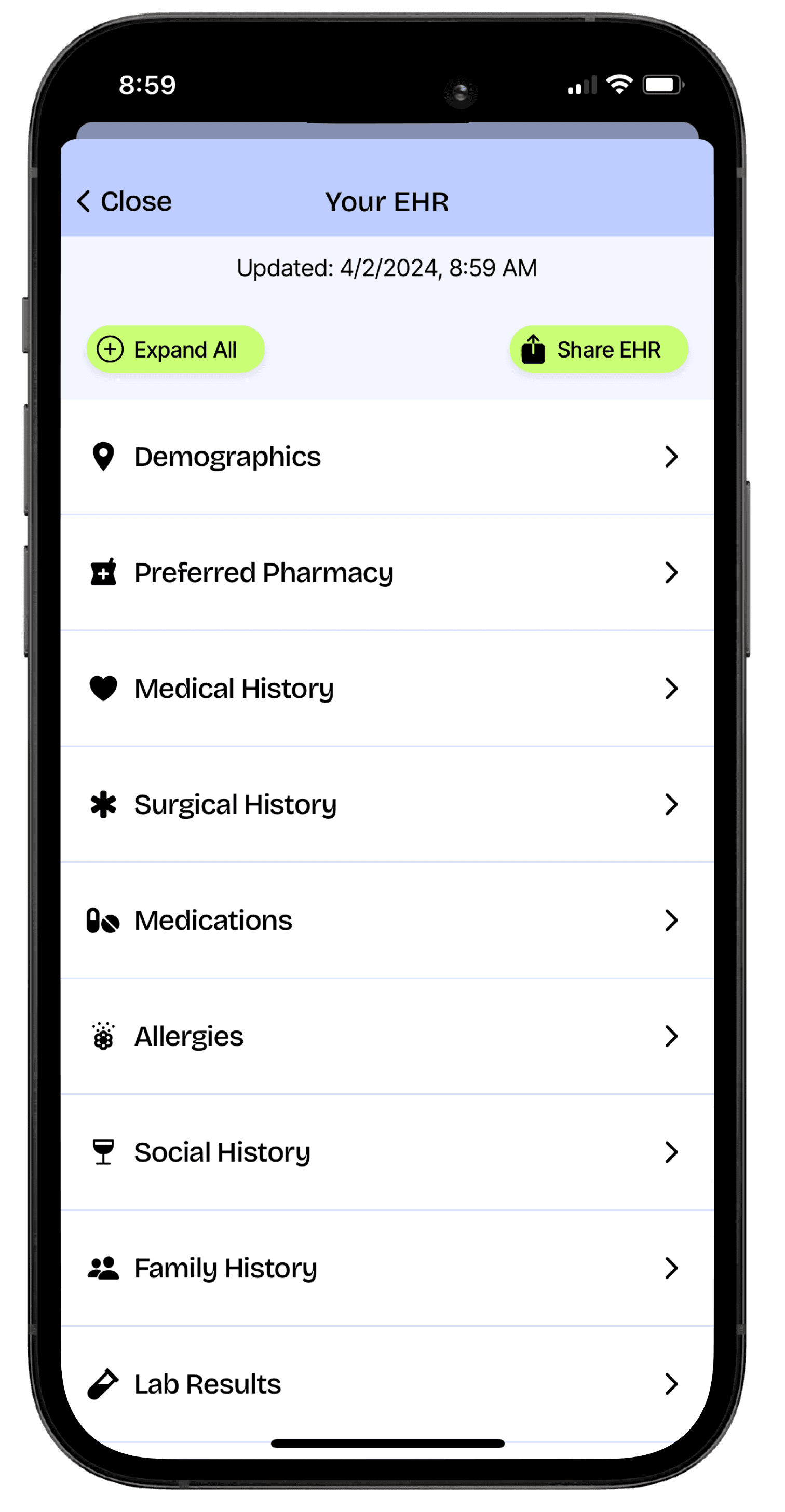 RevDoc health records user interface in an iPhone device