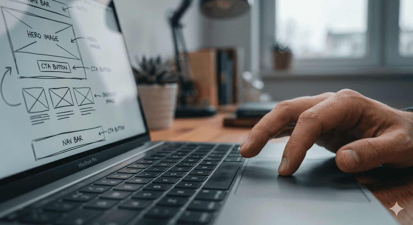 Close-up of hands typing on a laptop keyboard at a desk, with a small potted plant and books blurred in the background.
